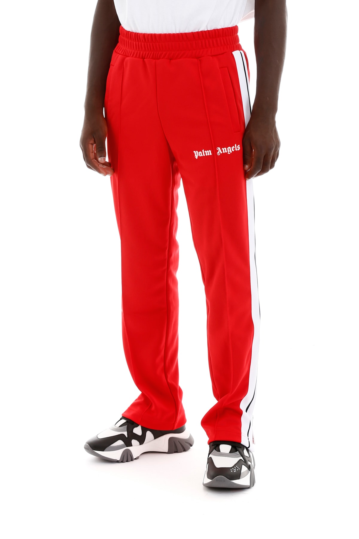 red and white joggers