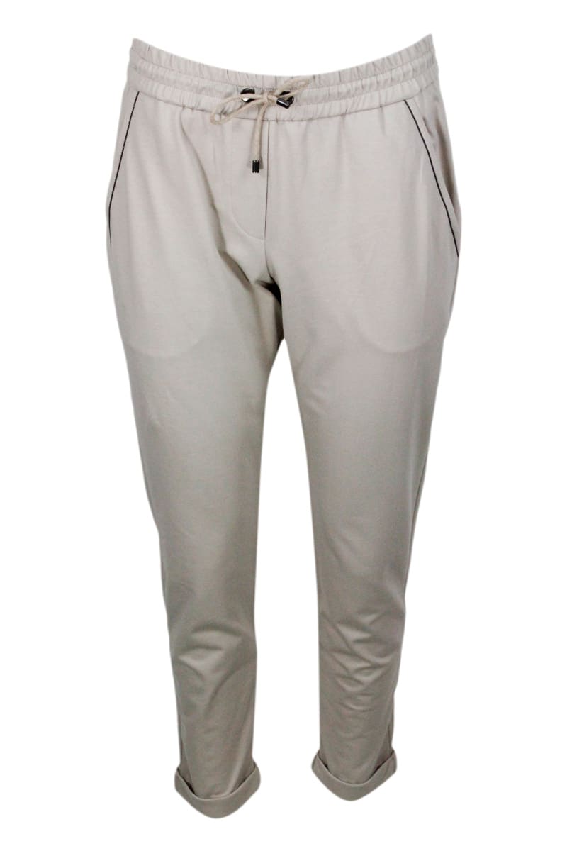 Shop Brunello Cucinelli Jogging Trousers With Drawstring Waist In Stretch Cotton With Welt Pockets Embellished With Jewels In Beige