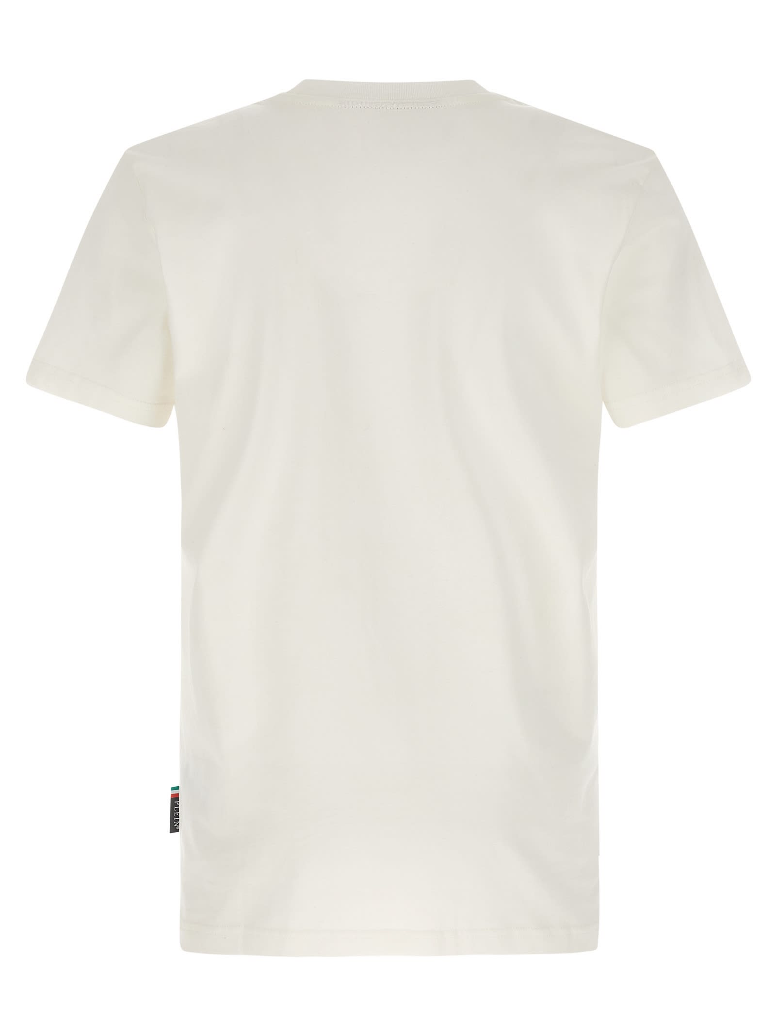 Philipp Plein Ribbed Crew Neck T-shirt With Logo Patch And Chest Print In White