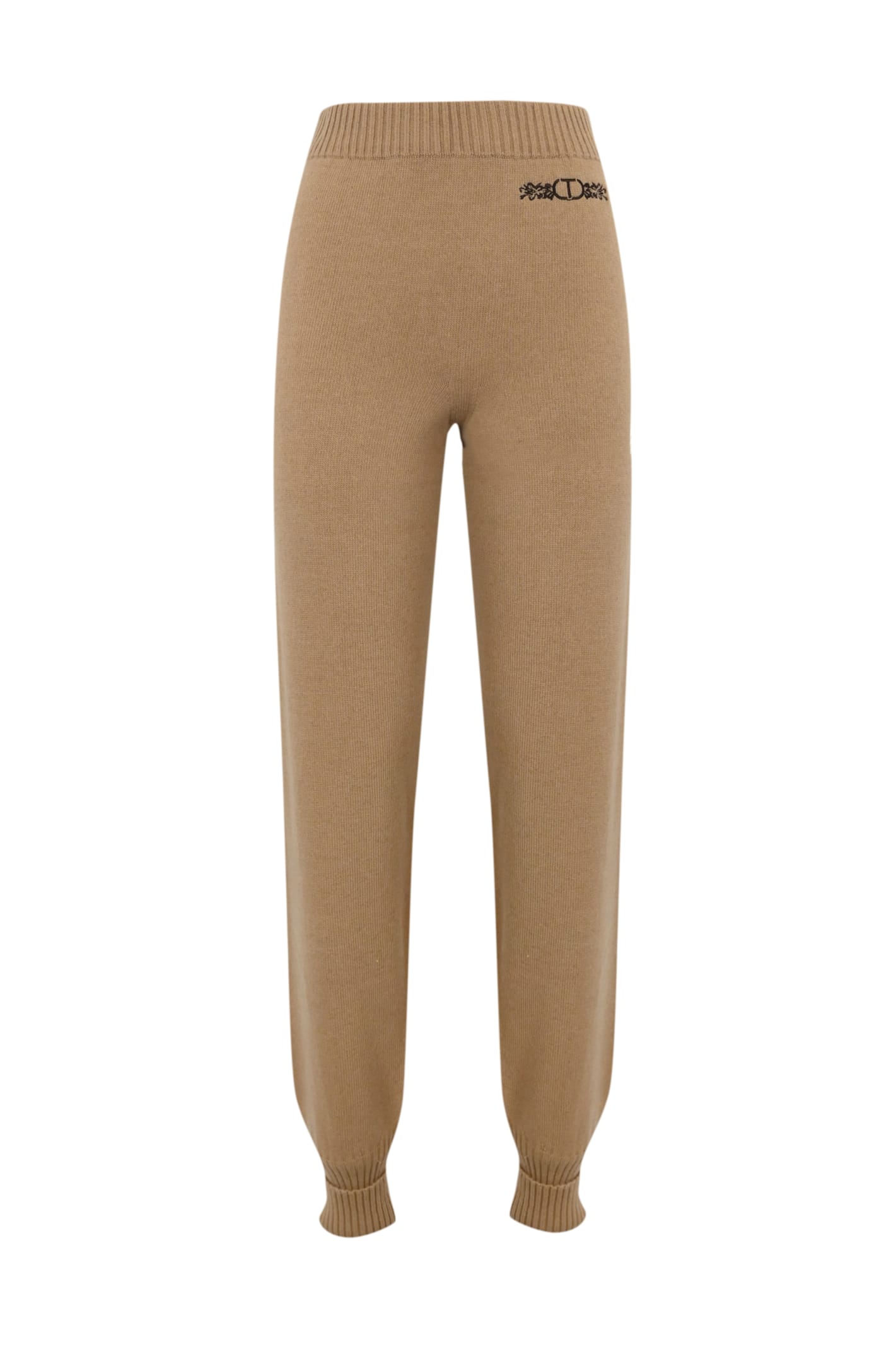 Twinset Wool Blend Trousers With Logo In Brown