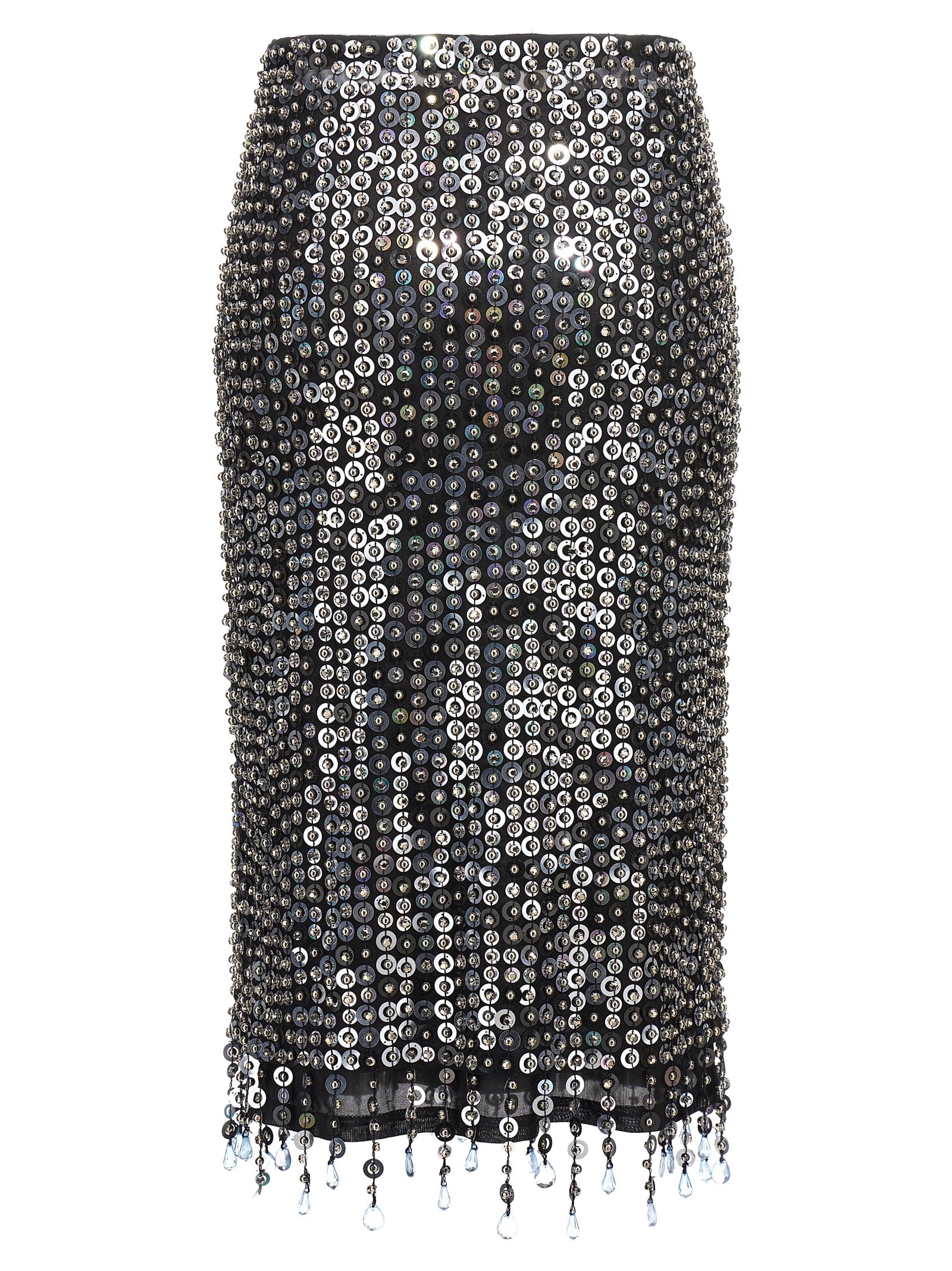 Pinko Fringed Black Sequined Midi Skirt With Removable Underskirt In Metallic