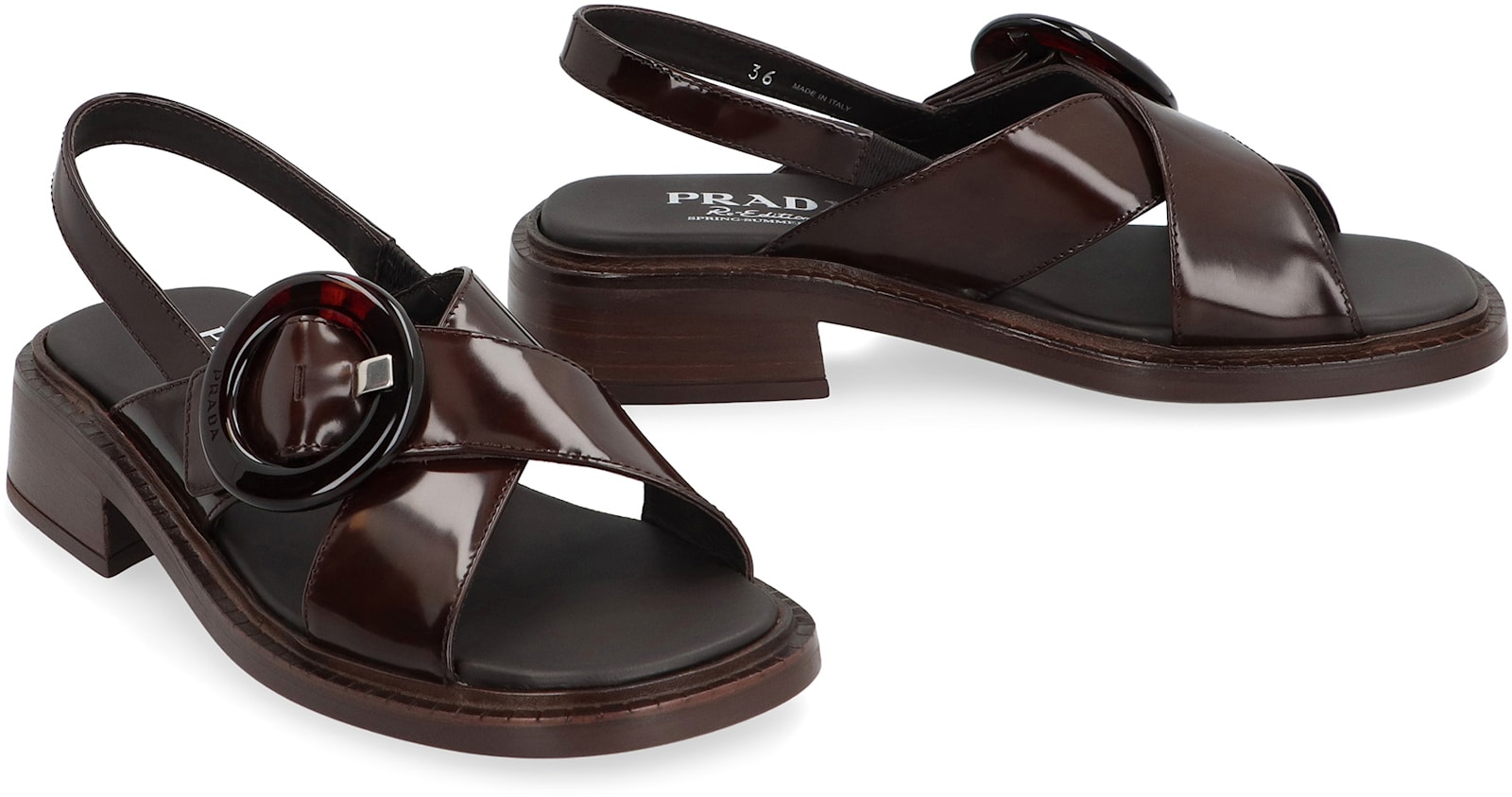 Prada Brushed Leather Crisscross Band Sandals With Plexiglas Buckle