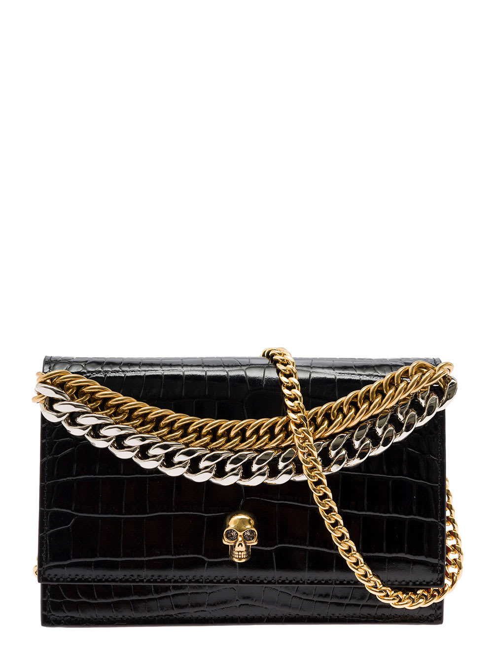 Alexander McQueen skull Small Black Shoulder Bag With Double Chain Detail In Embossed Croc Leather Woman Alexander Mcqueen