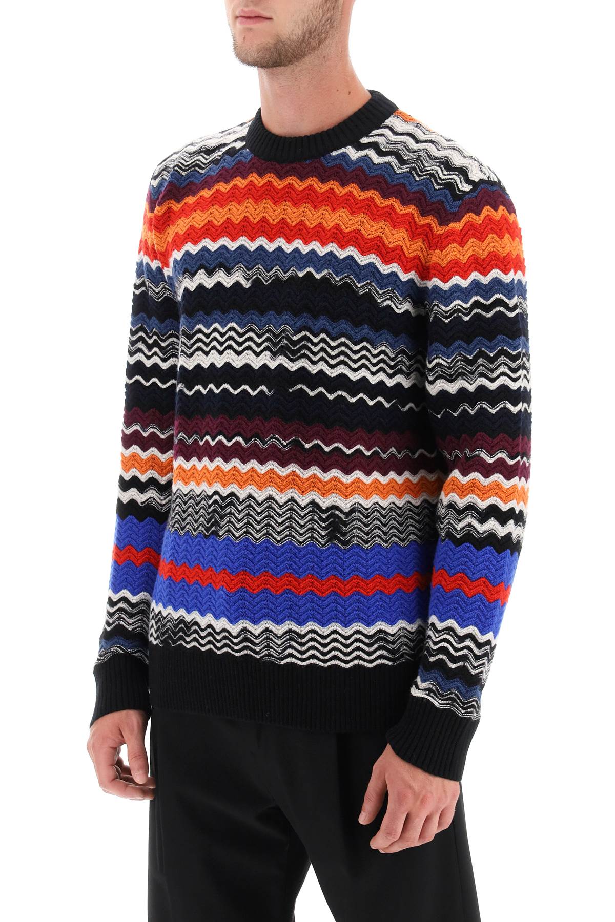Shop Missoni Crew-neck Sweater With Multicolor Herringbone Motif In Black