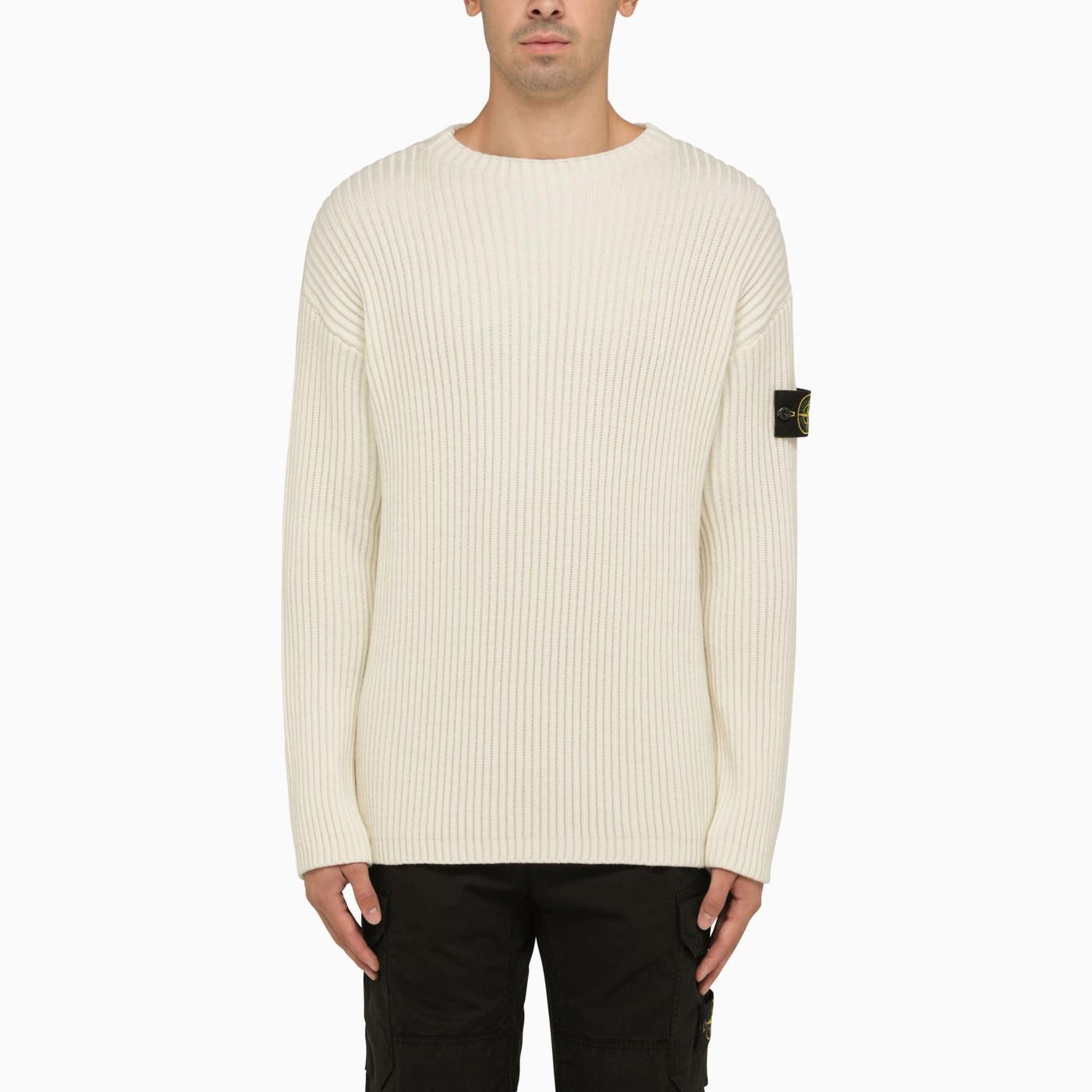 STONE ISLAND WHITE RIBBED CREW-NECK JUMPER