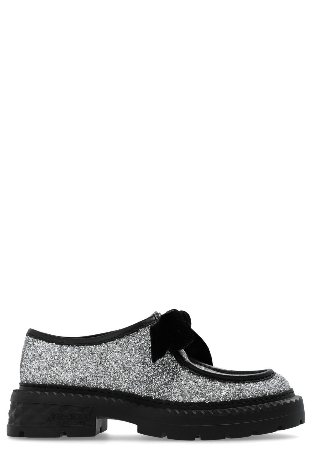 Shop Jimmy Choo Marlow Glittered Velvet Bow Loafers In Silver