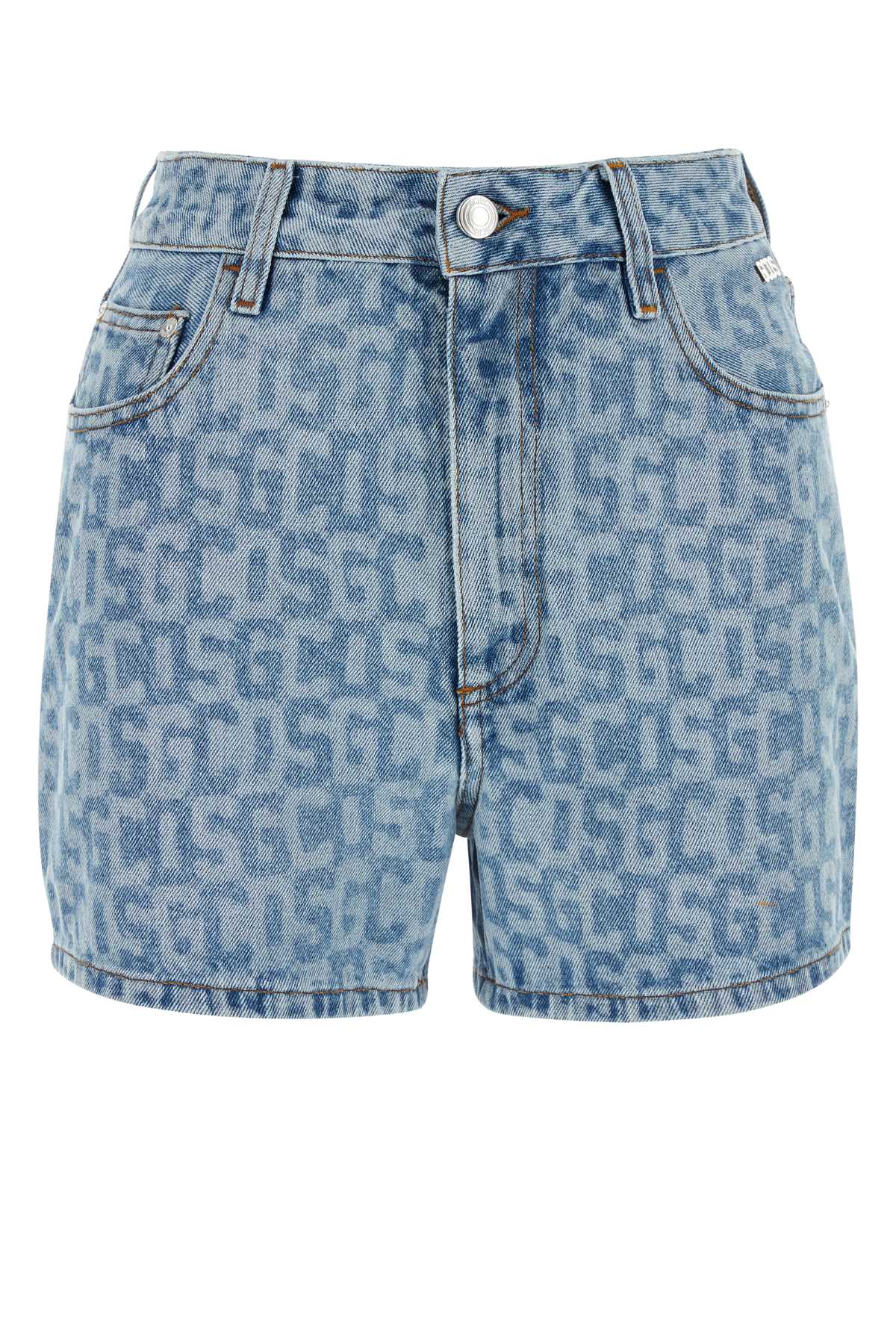 Shop Gcds Printed Denim Shorts In Light Blue