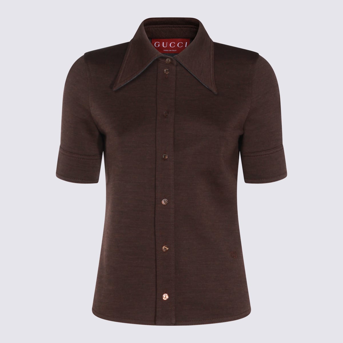 Gucci Women Brown Shirt With Polo Style Pointed Collar In Wool And Cotton Blend Woman In Brown