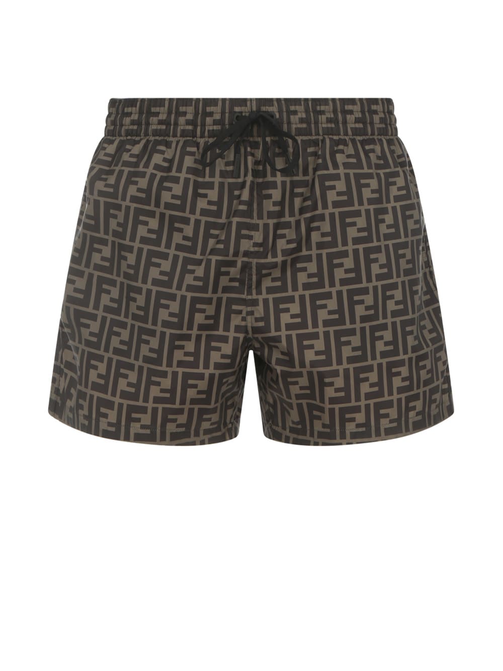 Fendi Tech Fabric With All-over Ff Pattern Swim Shorts In Brown