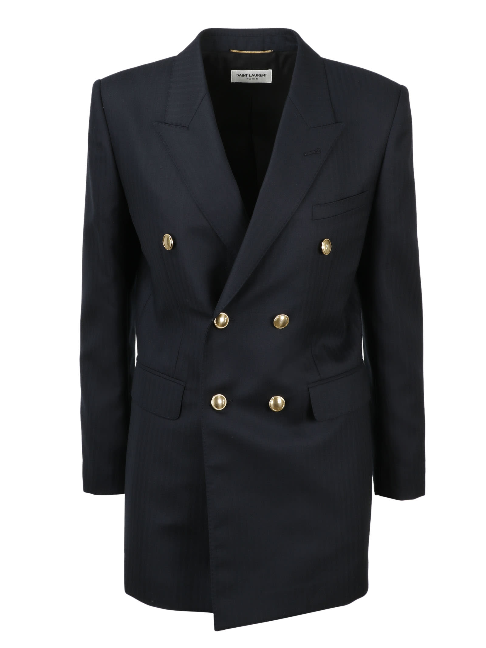 Saint Laurent Double-breasted Long Blazer In Navy