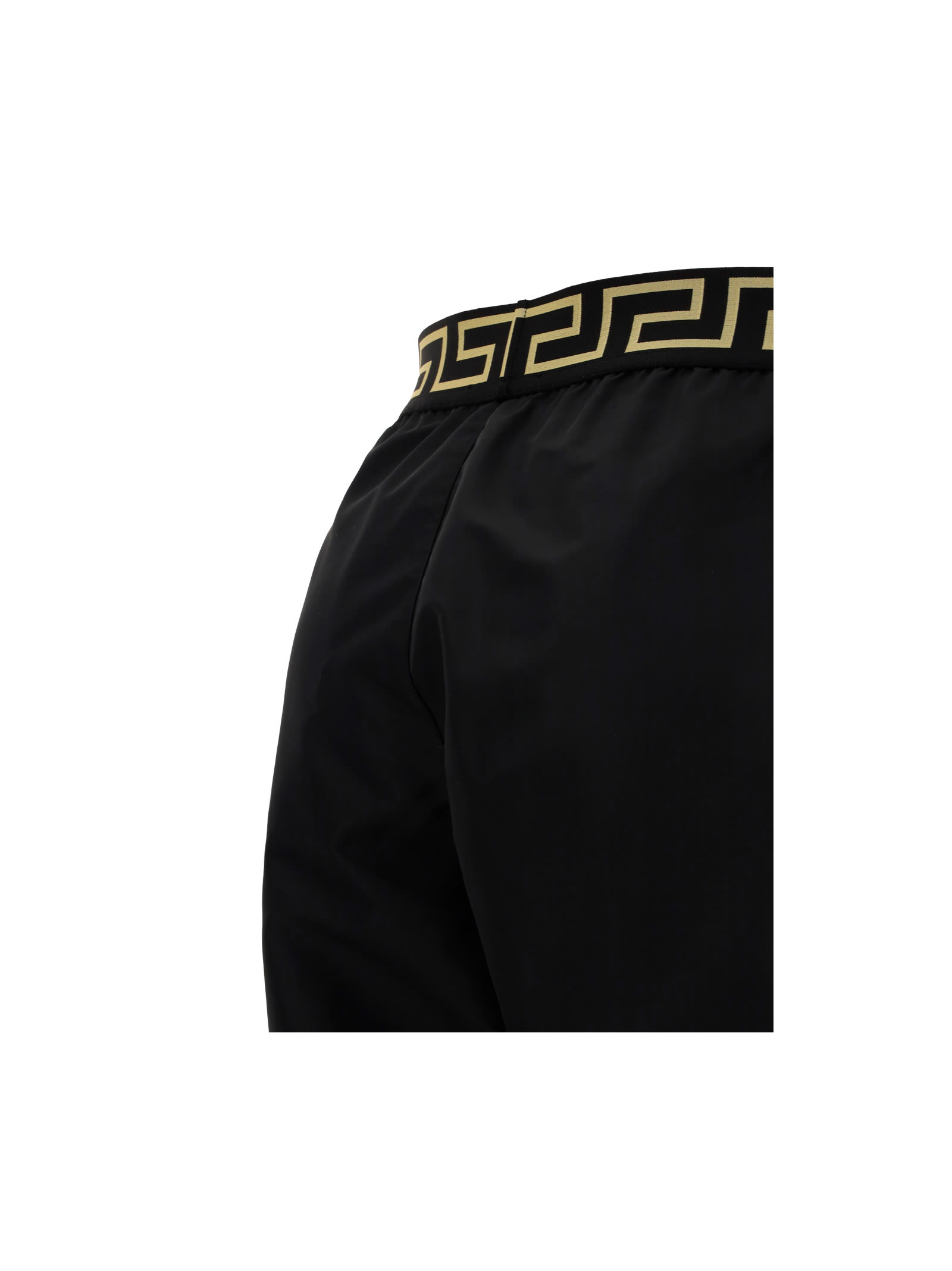 Versace Black Swim Trunks With Greca And Medusa Head Print On Elastic Waistband In Nylon Man In Nero Greca Oro