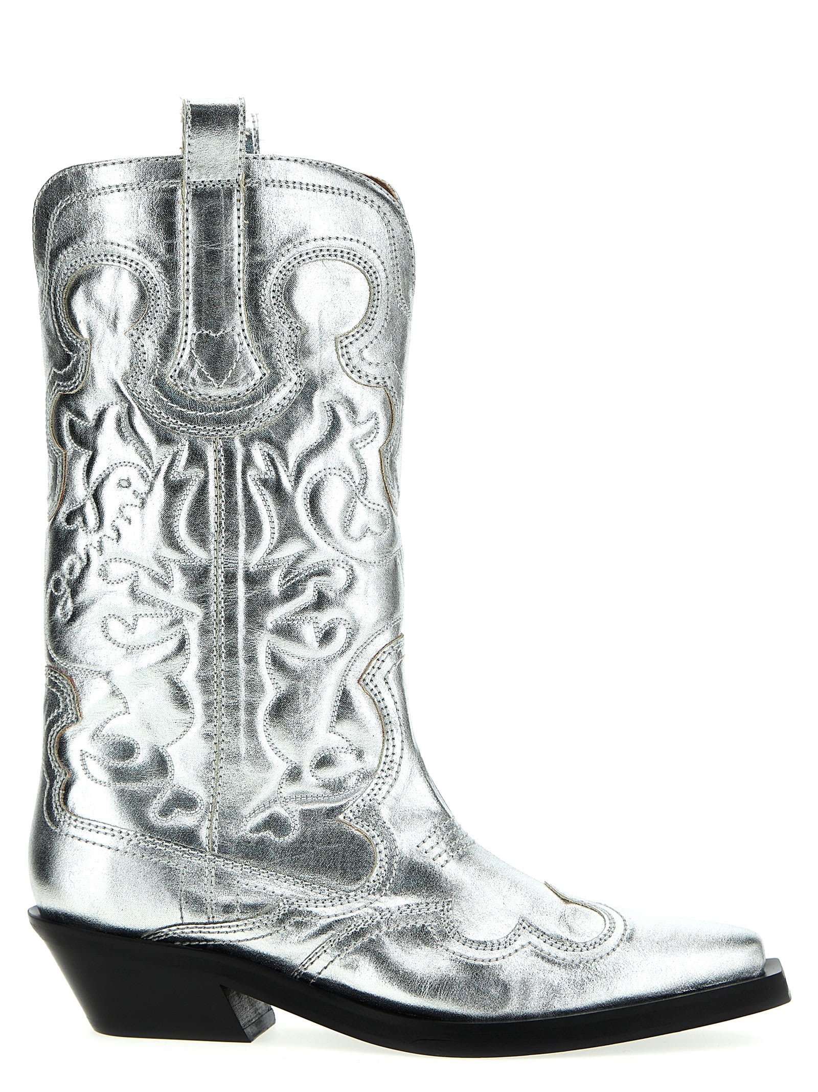 Shop Ganni Silver Mid Shaft Embroidered Western Boots