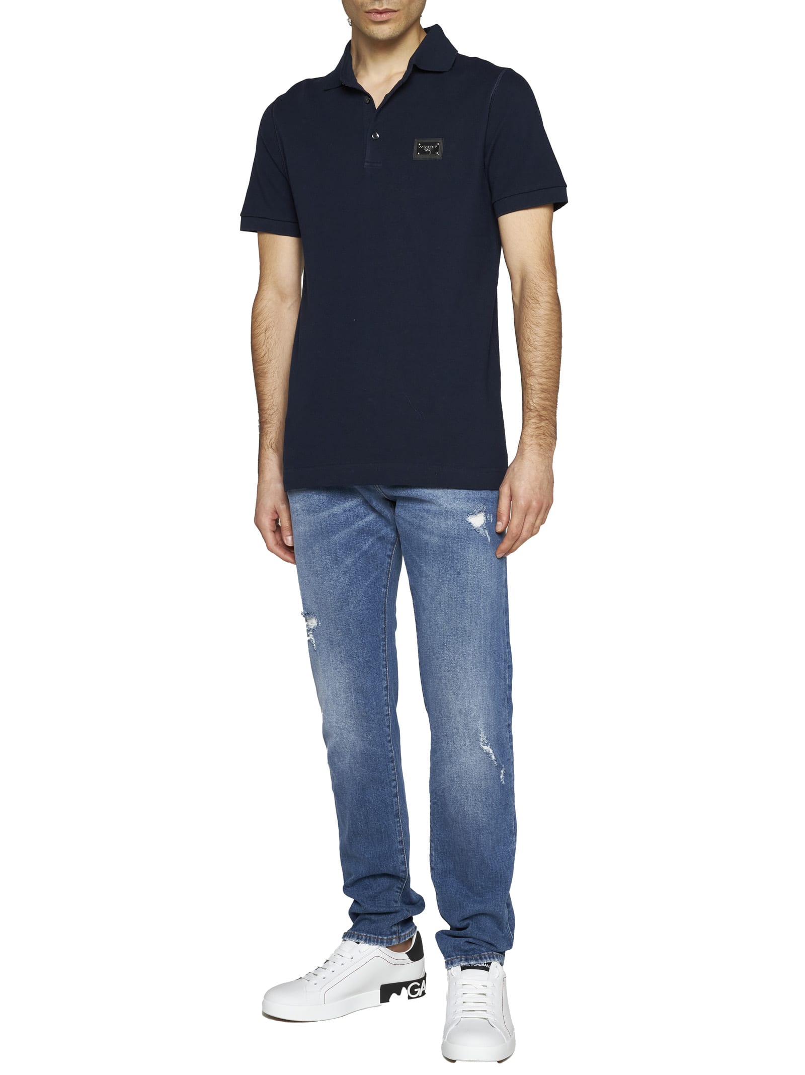 Dolce & Gabbana Cotton Polo Shirt With Buttoned Collar And Ribbed Accents In Blue