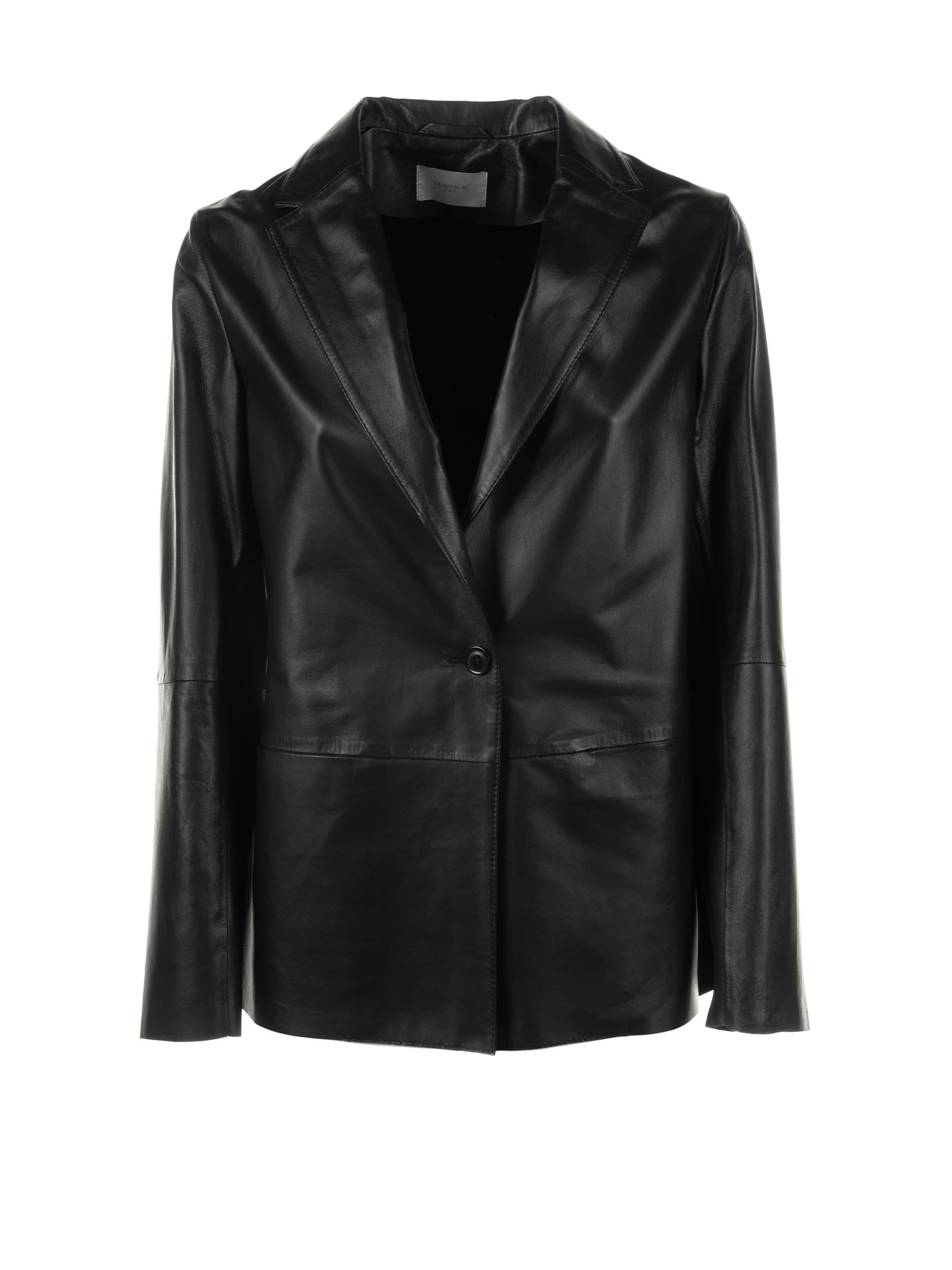 Shop Via Masini 80 Single-breasted Leather Blazer Jacket In Nero