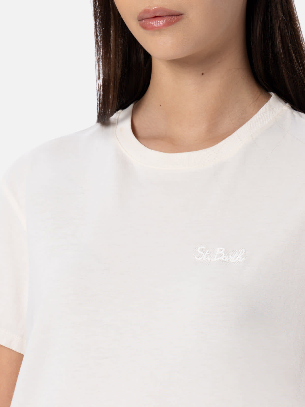 Mc2 Saint Barth Woman Off-white Cotton Jersey Crewneck T-shirt Emilie In White