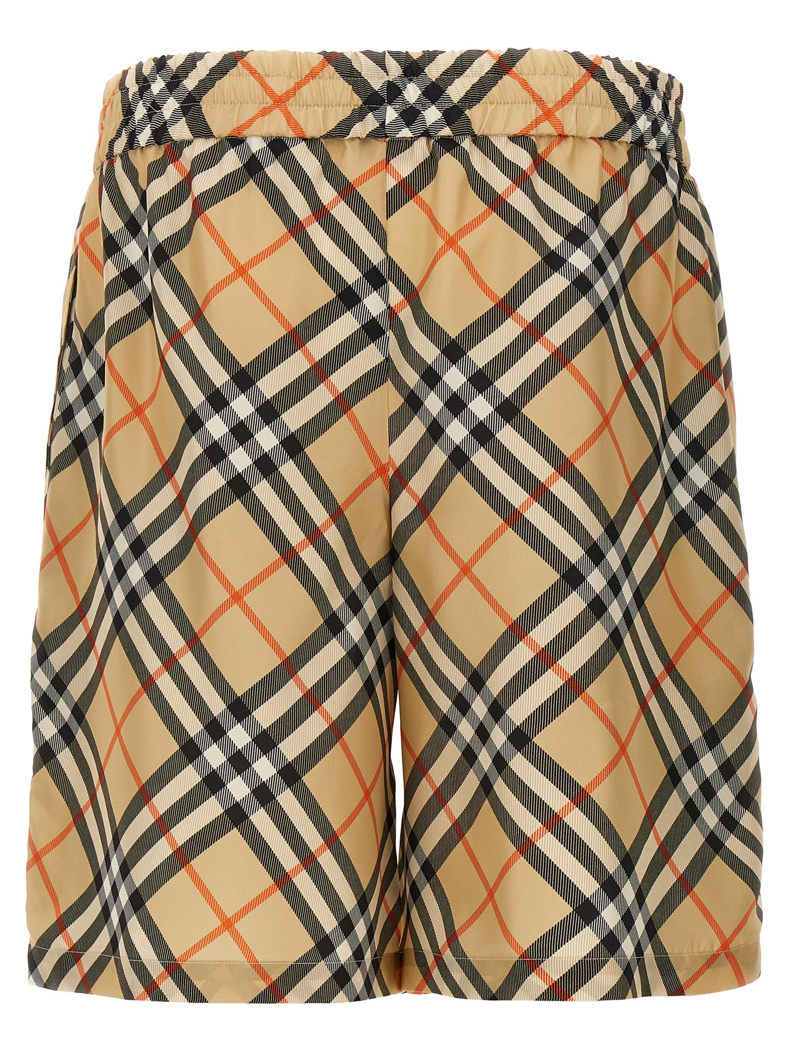 Burberry Drawstring Waistband Check Shorts With Embroidered Detail In Beige