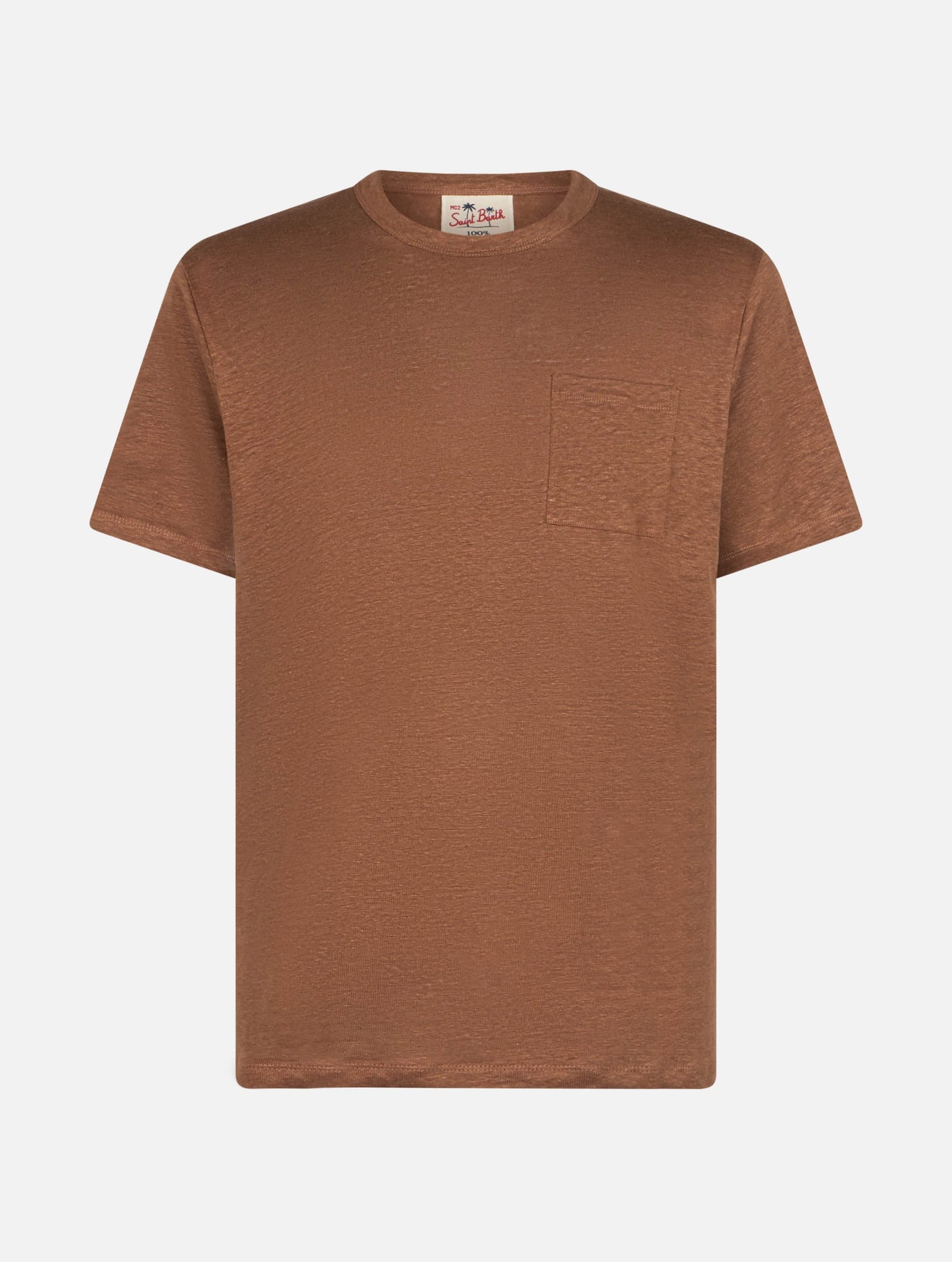 Shop Mc2 Saint Barth Man Brown Linen Jersey T-shirt Ecstasea With Pocket