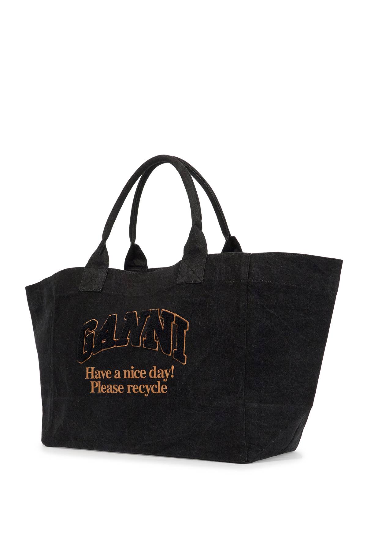 Ganni Denim Logo Tote Bag With 9 In Black (black)