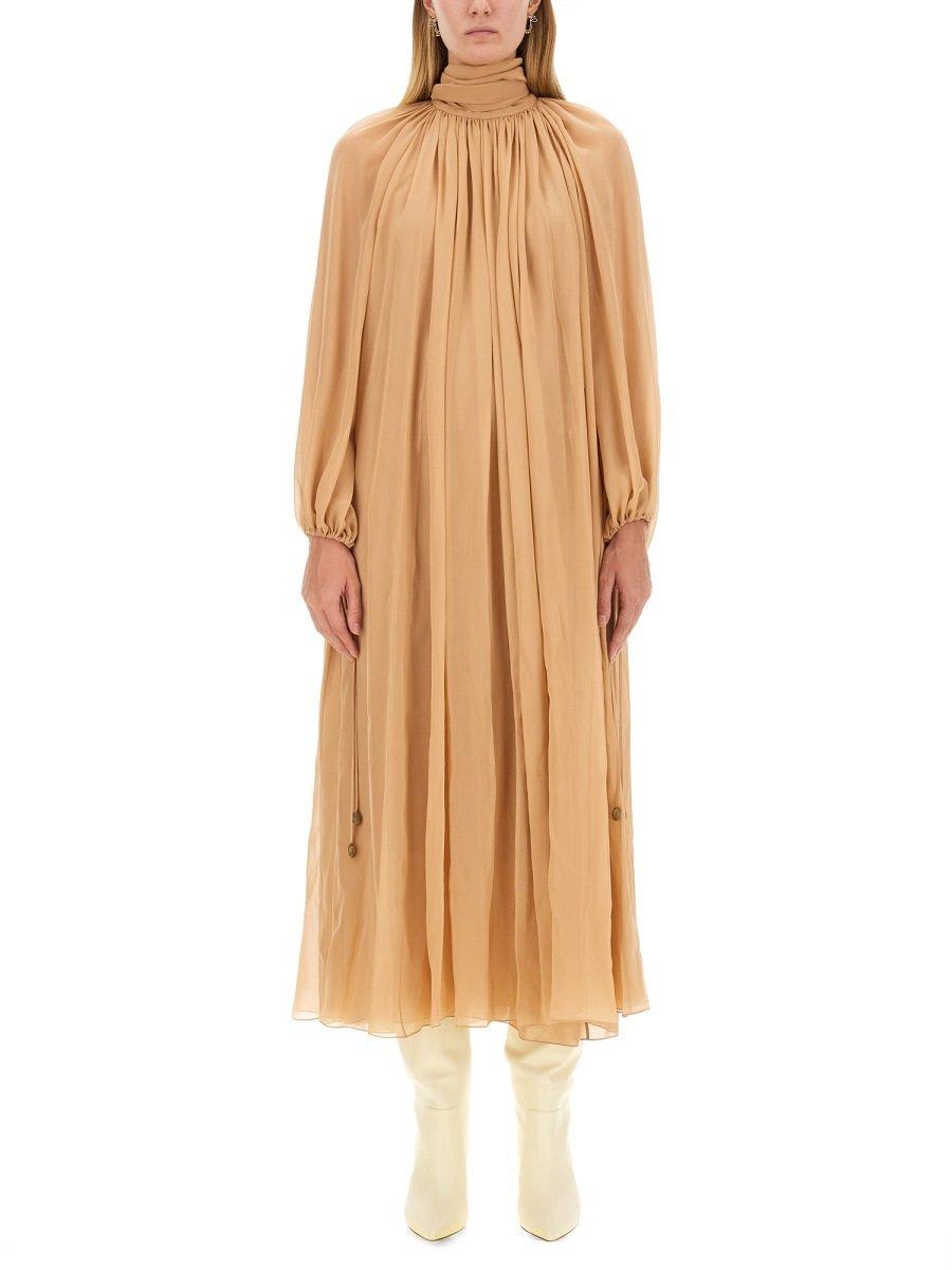 Shop Chloé Mock-neck Gathered Maxi Dress In Beige