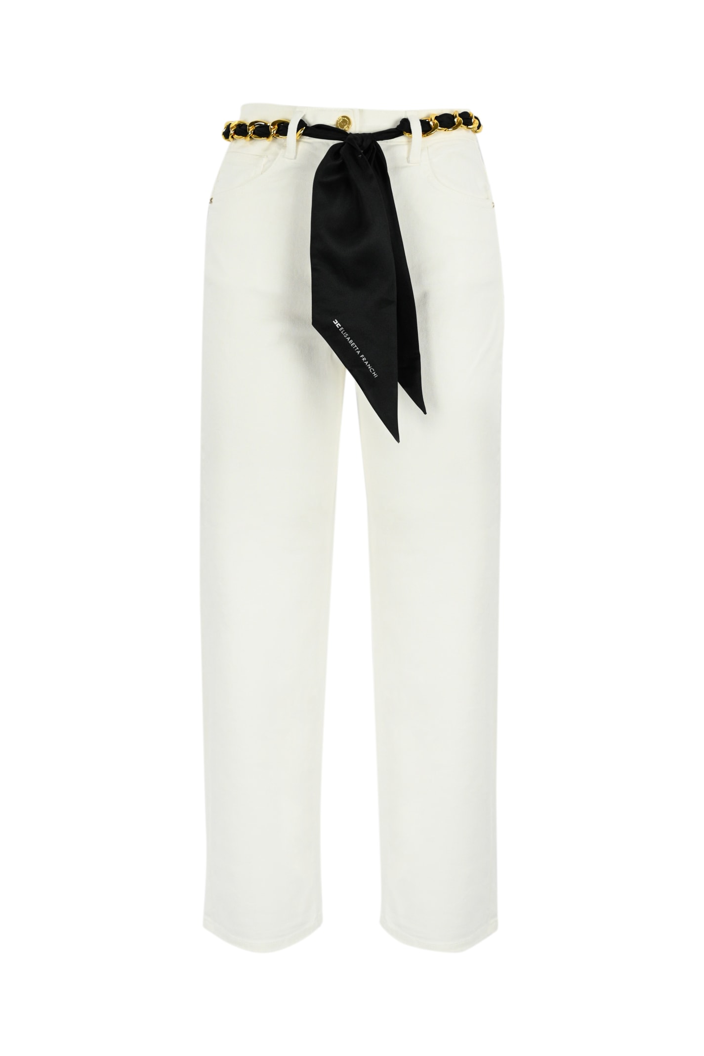 Shop Elisabetta Franchi Palazzo Jeans With Belt In Ivory