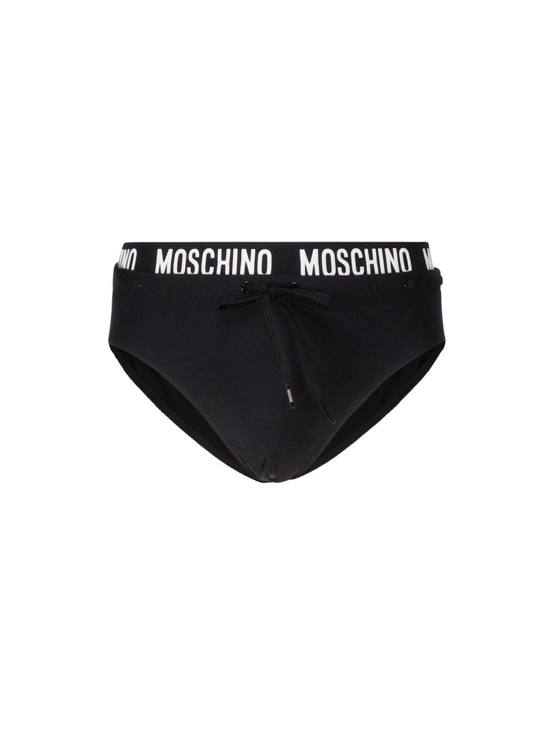Shop Moschino Logo Waistband Drawstring Swim Briefs In Black