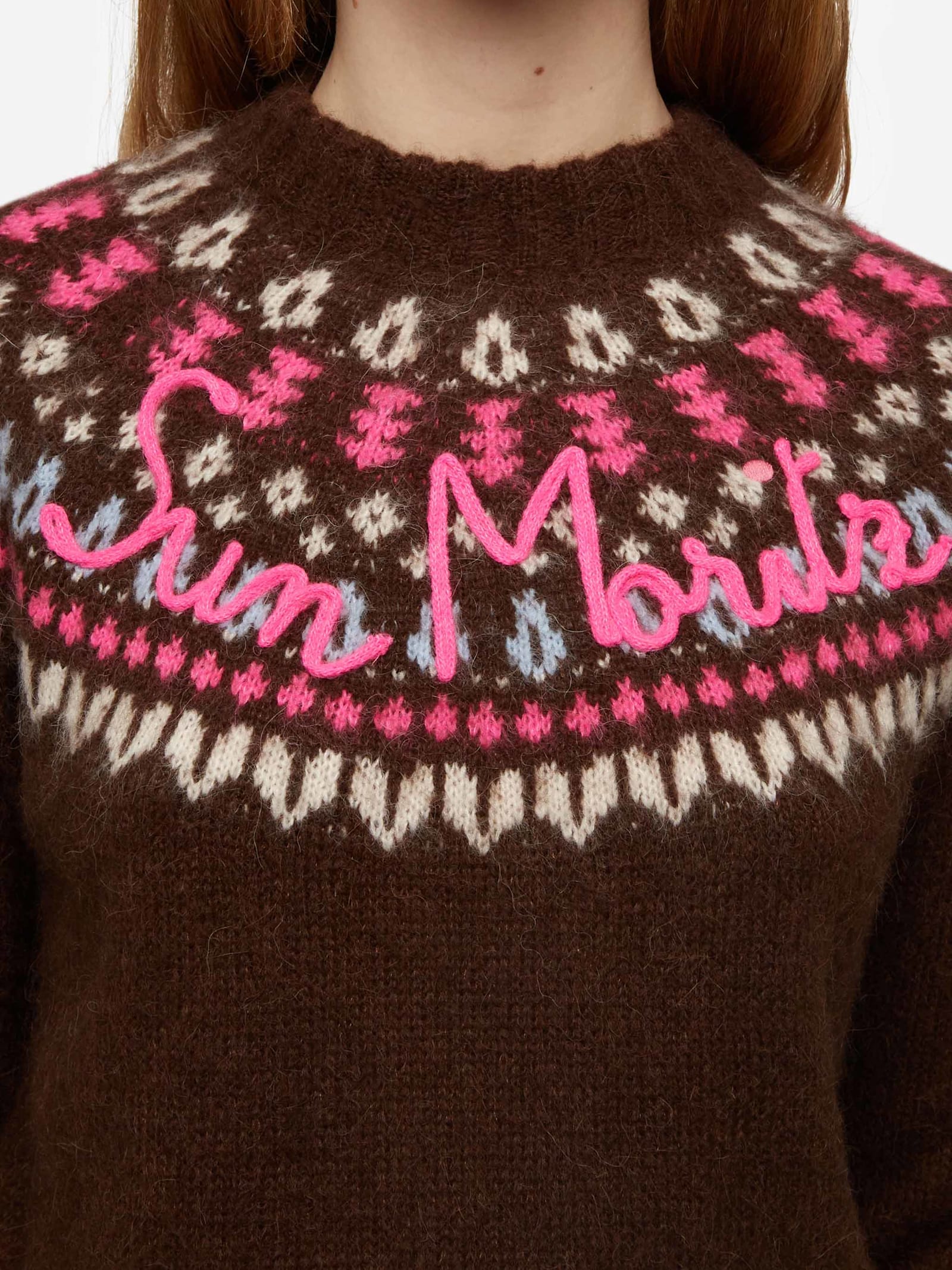 Mc2 Saint Barth Brown Sweater Queen Nordic Soft With Fair Isle Jacquard And Sun Moritz Embroidery In Brown