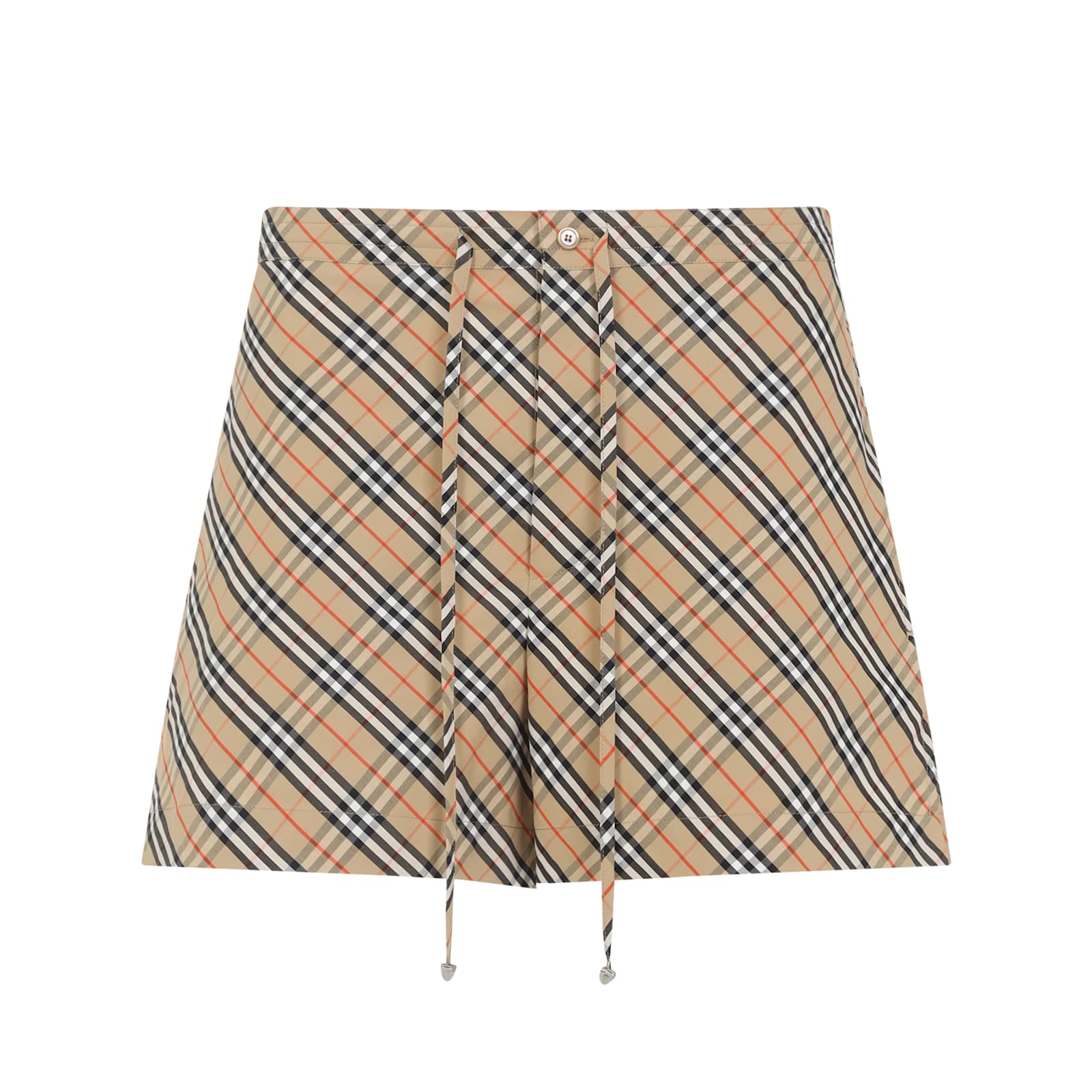 Burberry Women Beige Shorts With Elastic Drawstring Waist And All-over Check Motif In Cotton Woman In Multi