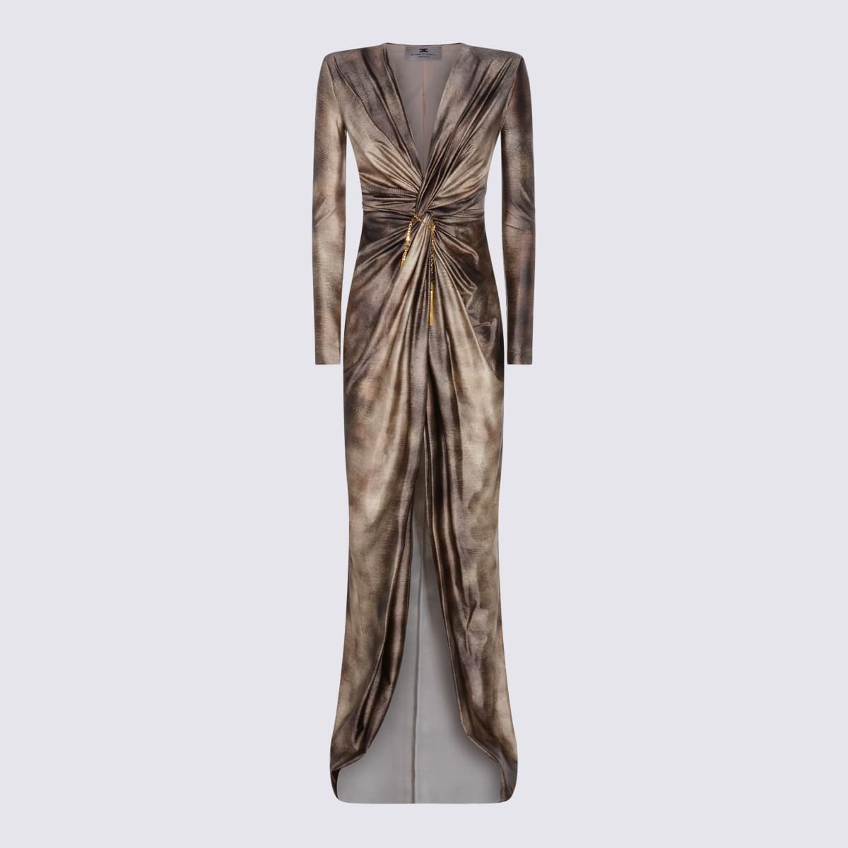 Elisabetta Franchi Draped Metallic Knee Length Dress With Sleeves In Brown