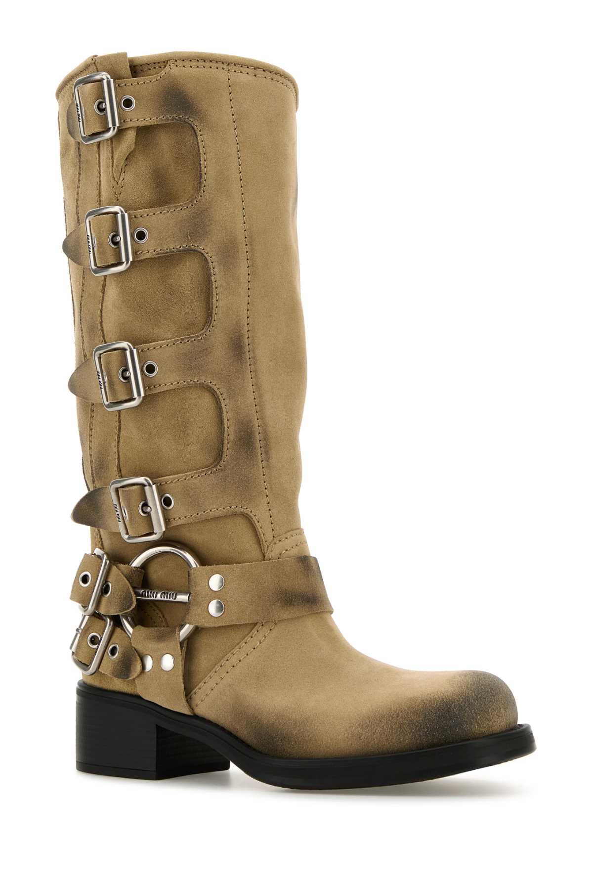 Miu Miu Suede Block Heel Mid-calf Boots With Buckle Straps In Brown