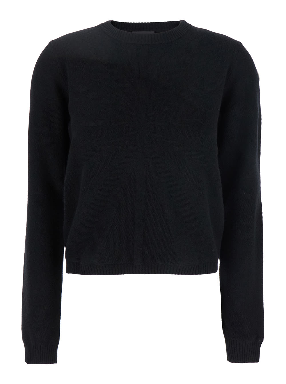 Moncler Genius Biker Black Crewneck Sweater With Logo Patch On The Sleeve In Wool And Cashmere Blend Woman
