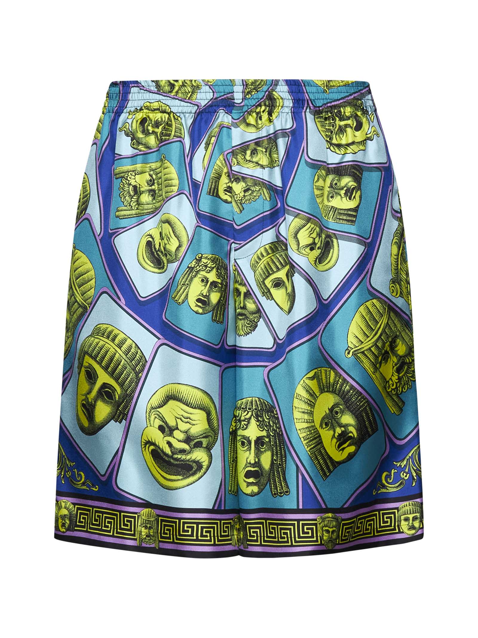 Versace Mask Print Silk Twill Shorts In Acid Green Teal
