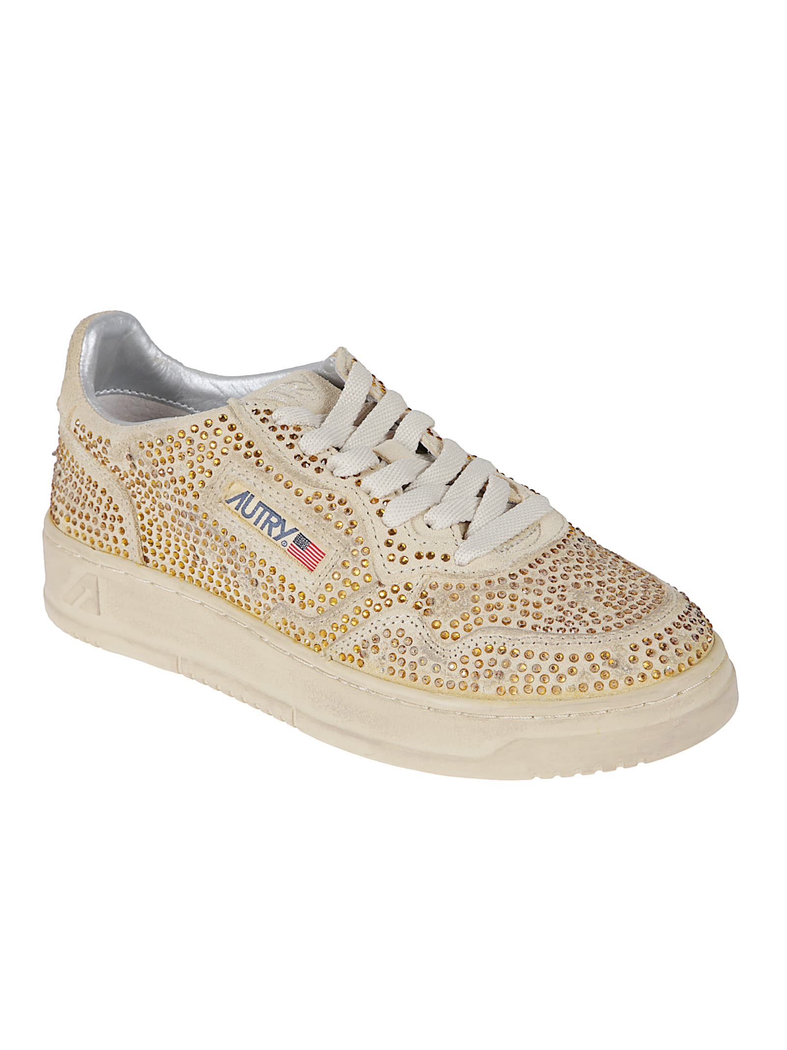 Autry Medalist Low Sneakers In Bronze Suede With Crystal Micro Rhinestones Shoes In Brown