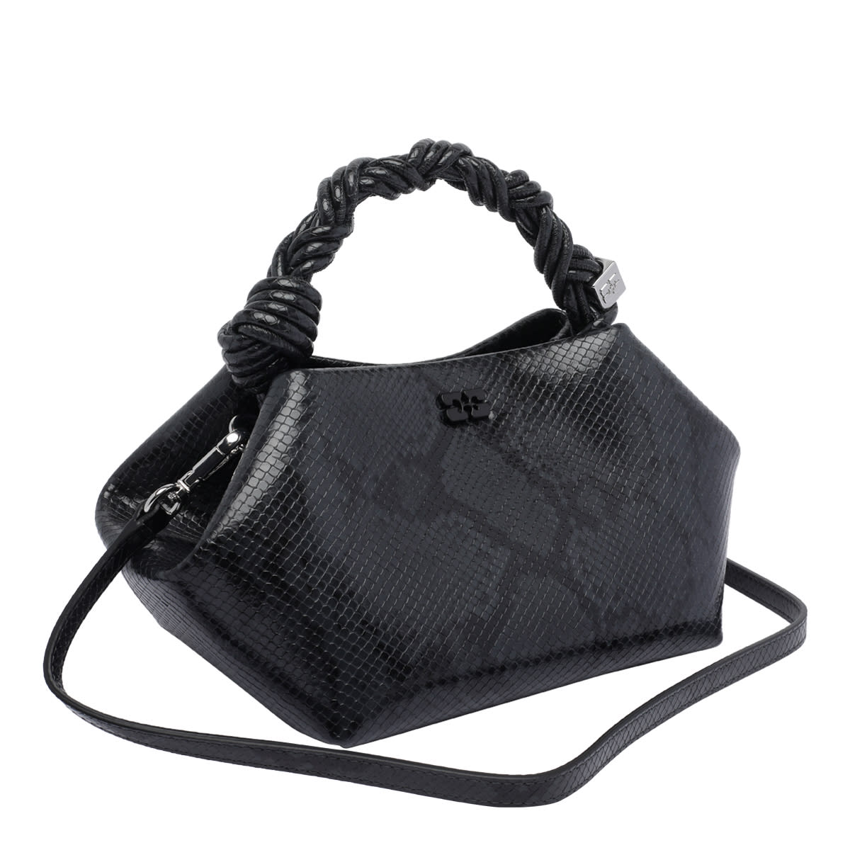 Ganni Bou Black Handbag With Butterfly Logo And Hand-braided Strands In Leather Woman In Black