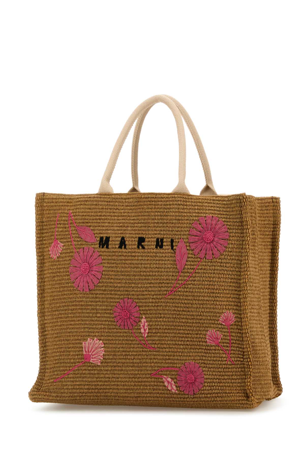 Marni Raffia Shopping Bag Embroidered Floral Design In Brown