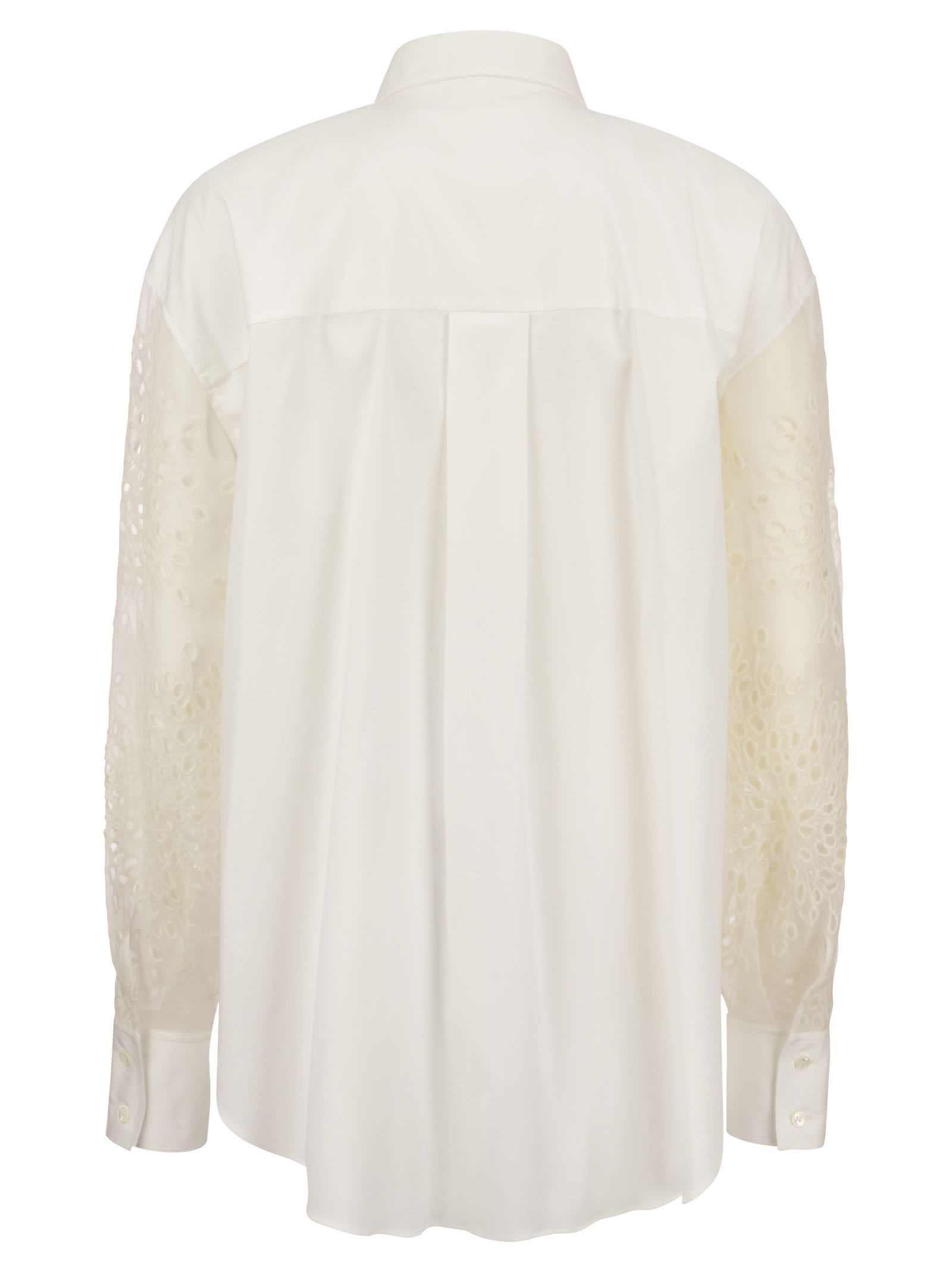 Brunello Cucinelli Stretch Cotton Poplin Shirt With Crispy Silk Broderie Anglaise Sleeve
