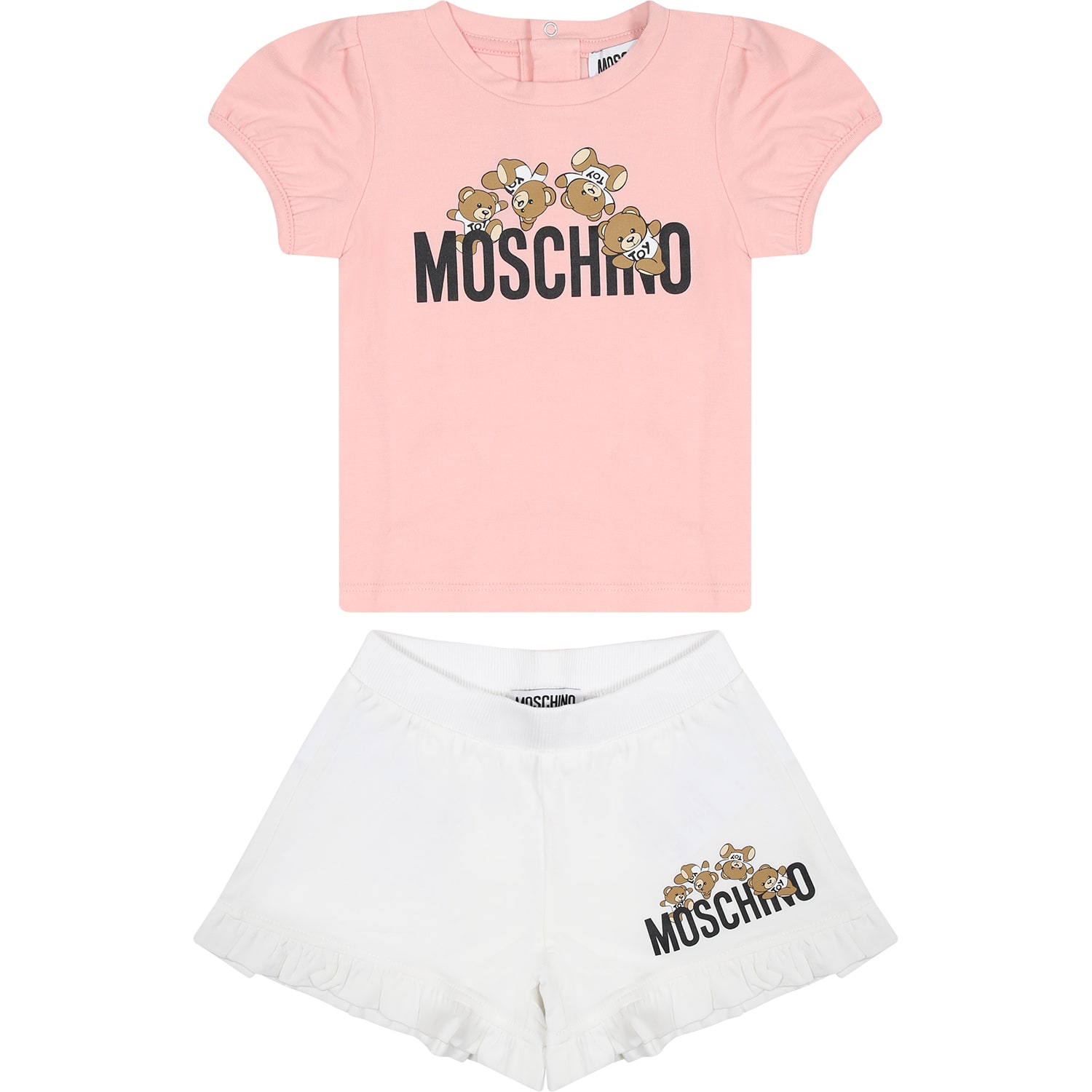 Moschino Multicolor Tracksuit For Baby Girl With Teddy Bear And Logo In Pink