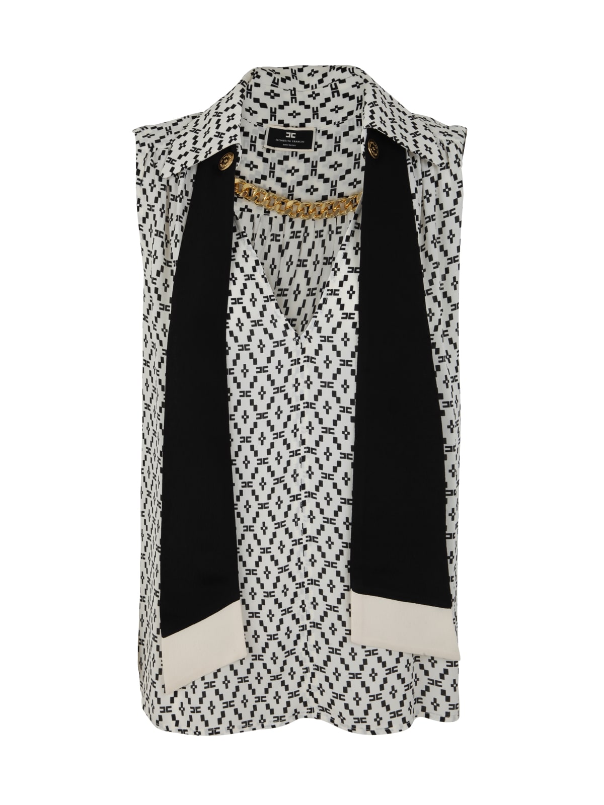 Elisabetta Franchi Blouse With Micropattern And Scarf In Butter Black