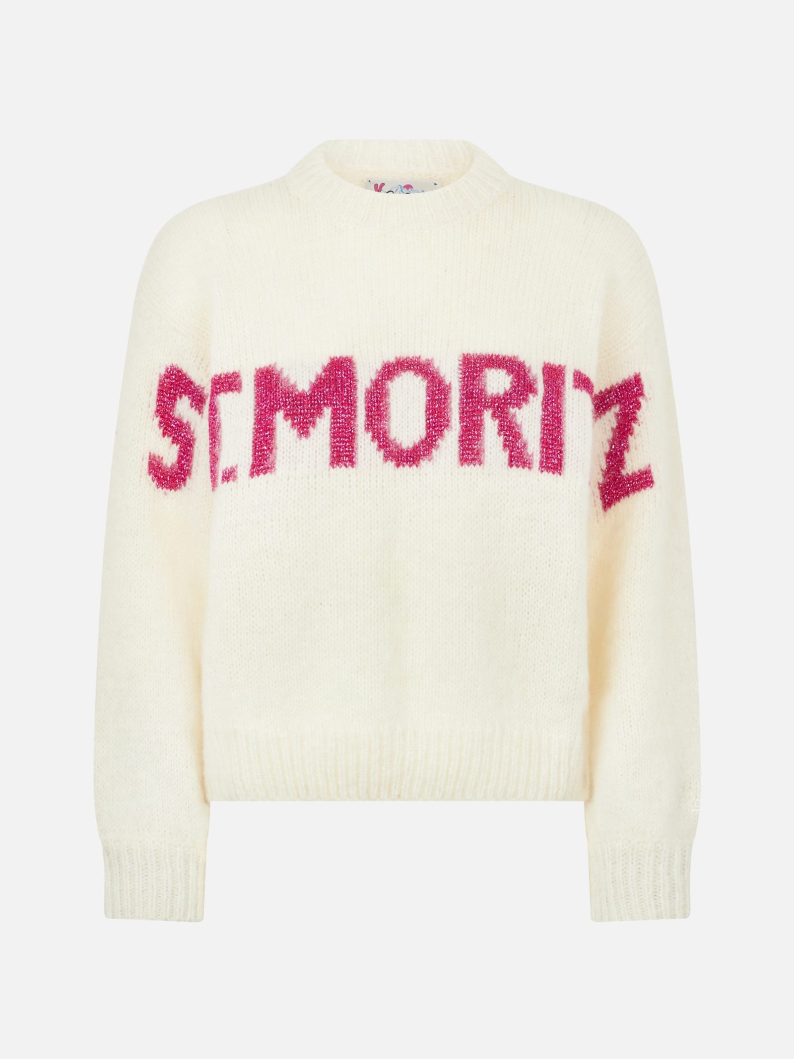 Shop Mc2 Saint Barth Woman Boxy Shape Soft Sweater With St. Moritz Jacquard Print In White