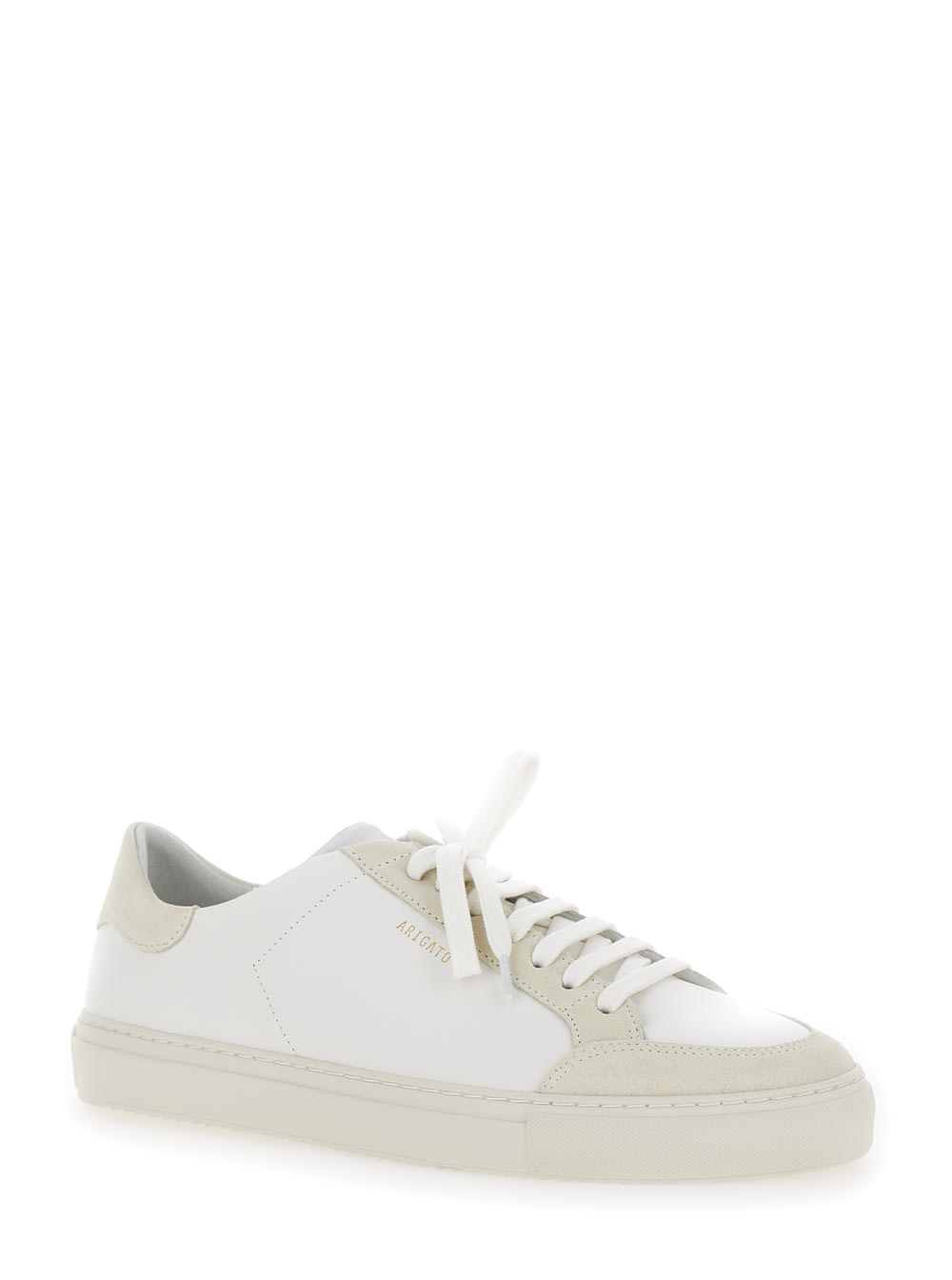 Shop Axel Arigato Clean 90 Triple White Low Top Sneakers With Laminated Logo In Leather And Suede Man