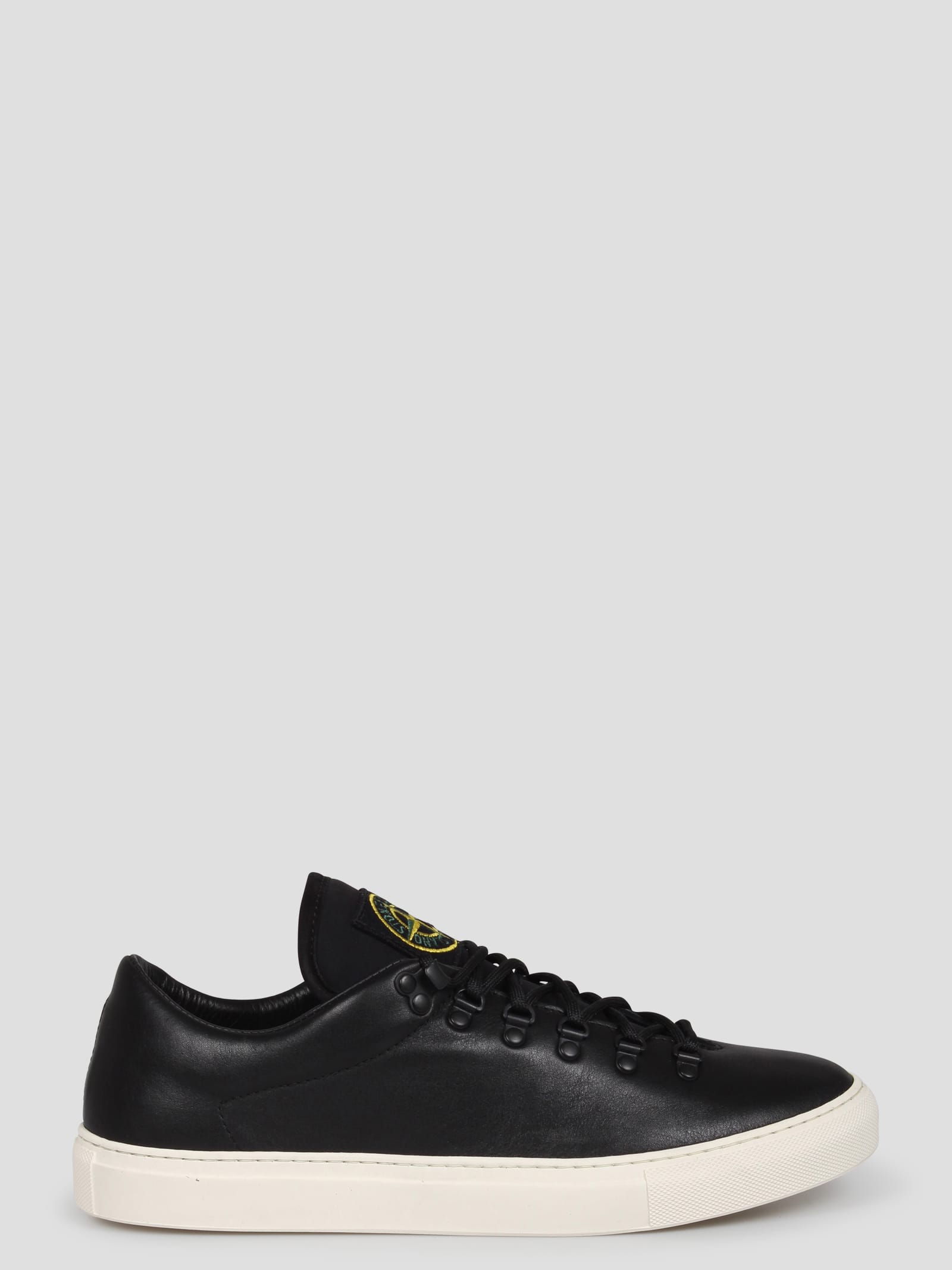 Shop Stone Island Leather Sneakers In Black