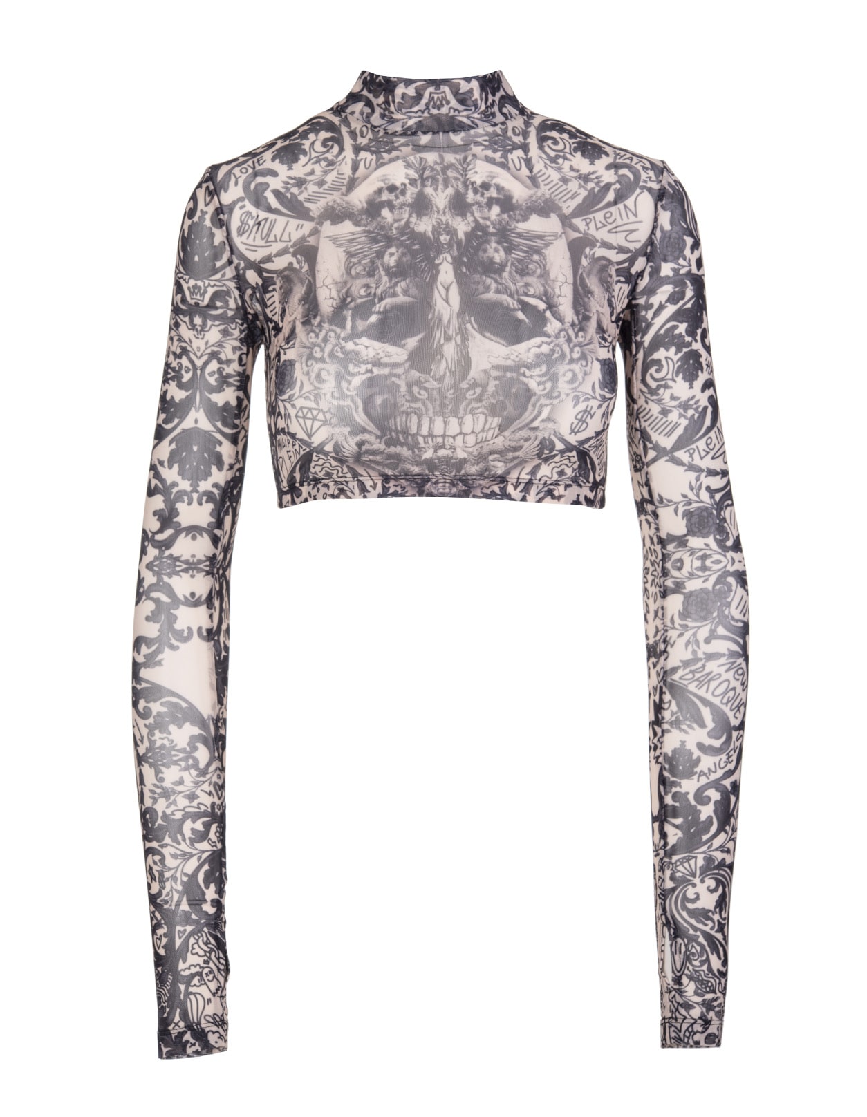Philipp Plein new Baroque Stretch Printed Tulle Long Sleeve Top