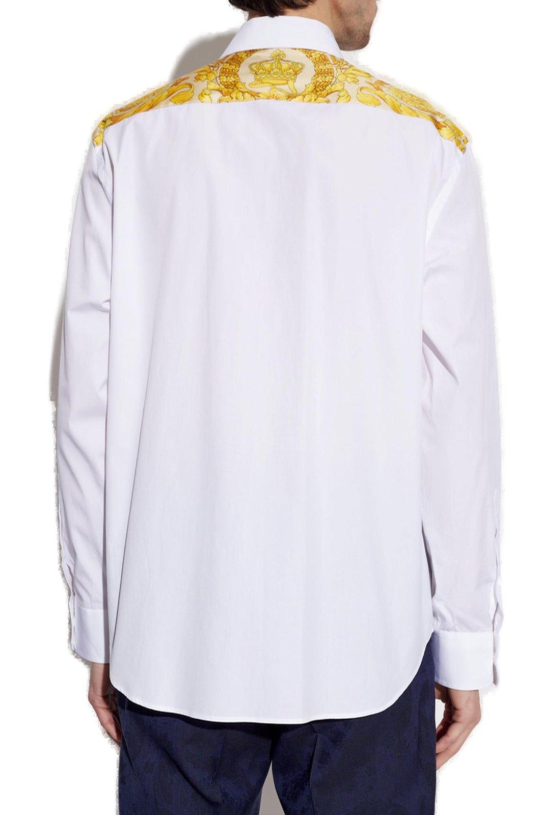Shop Versace Barocco-panelled Button-up Shirt In Beige
