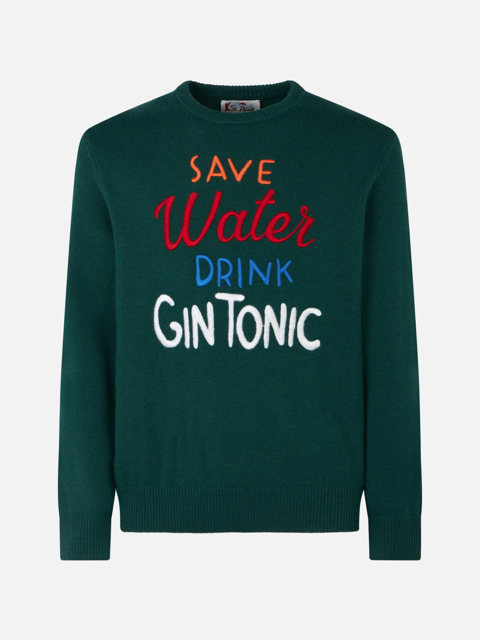 MC2 SAINT BARTH MAN CREWNECK SWEATER WITH SAVE WATER DRINK GIN TONIC EMBROIDERY 