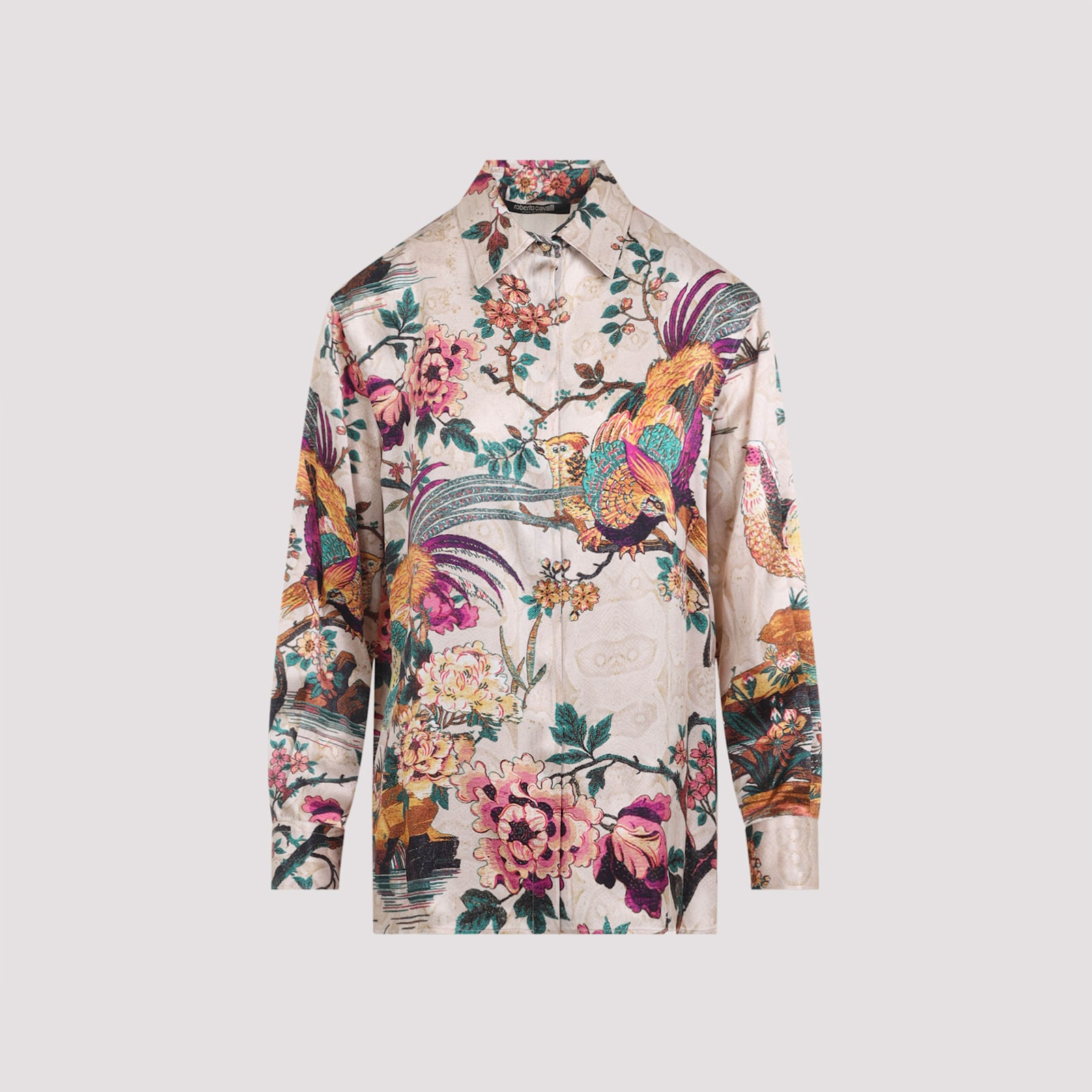 Roberto Cavalli Silk Floral Print Shirt In White