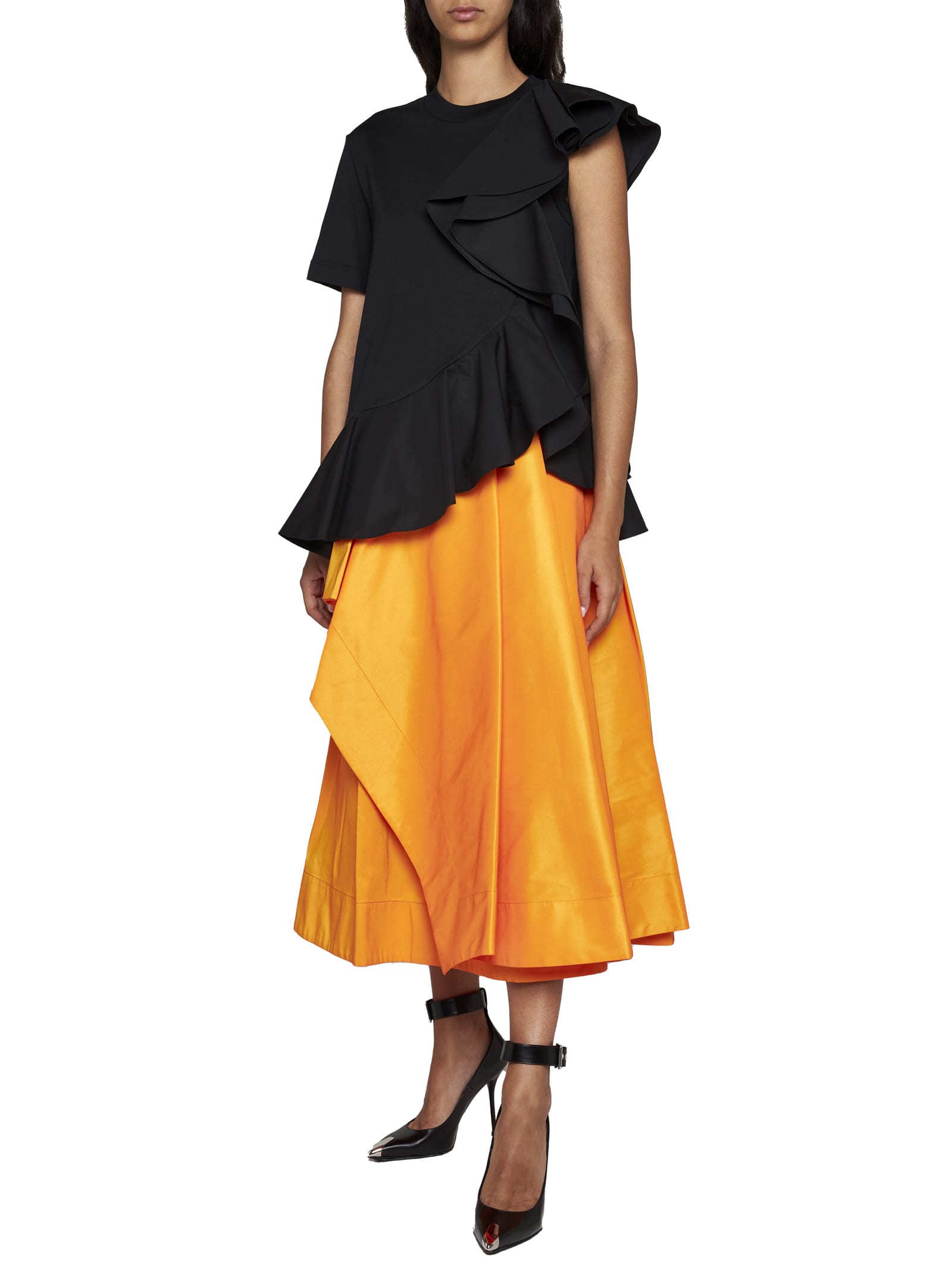 Alexander Mcqueen Mixed Media Ruffle Detail Cotton Top In Black