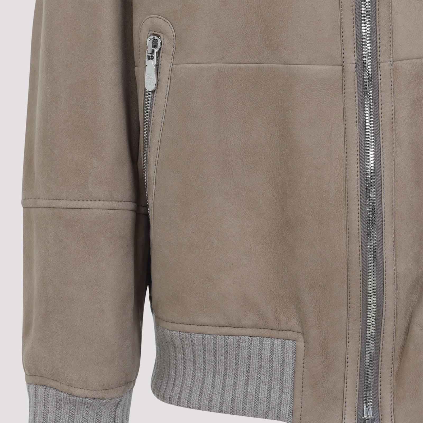 Brunello Cucinelli Shearling-collared Taupe Jacket In Brown