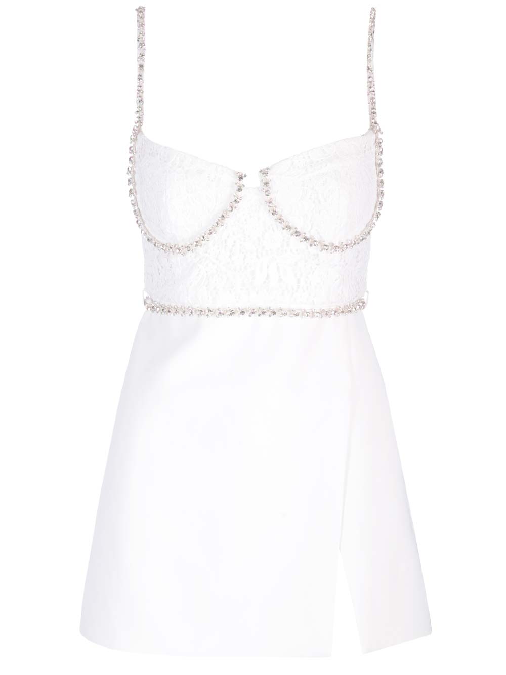Self-portrait Crystal And Lace-embellished Twill Mini Dress In White