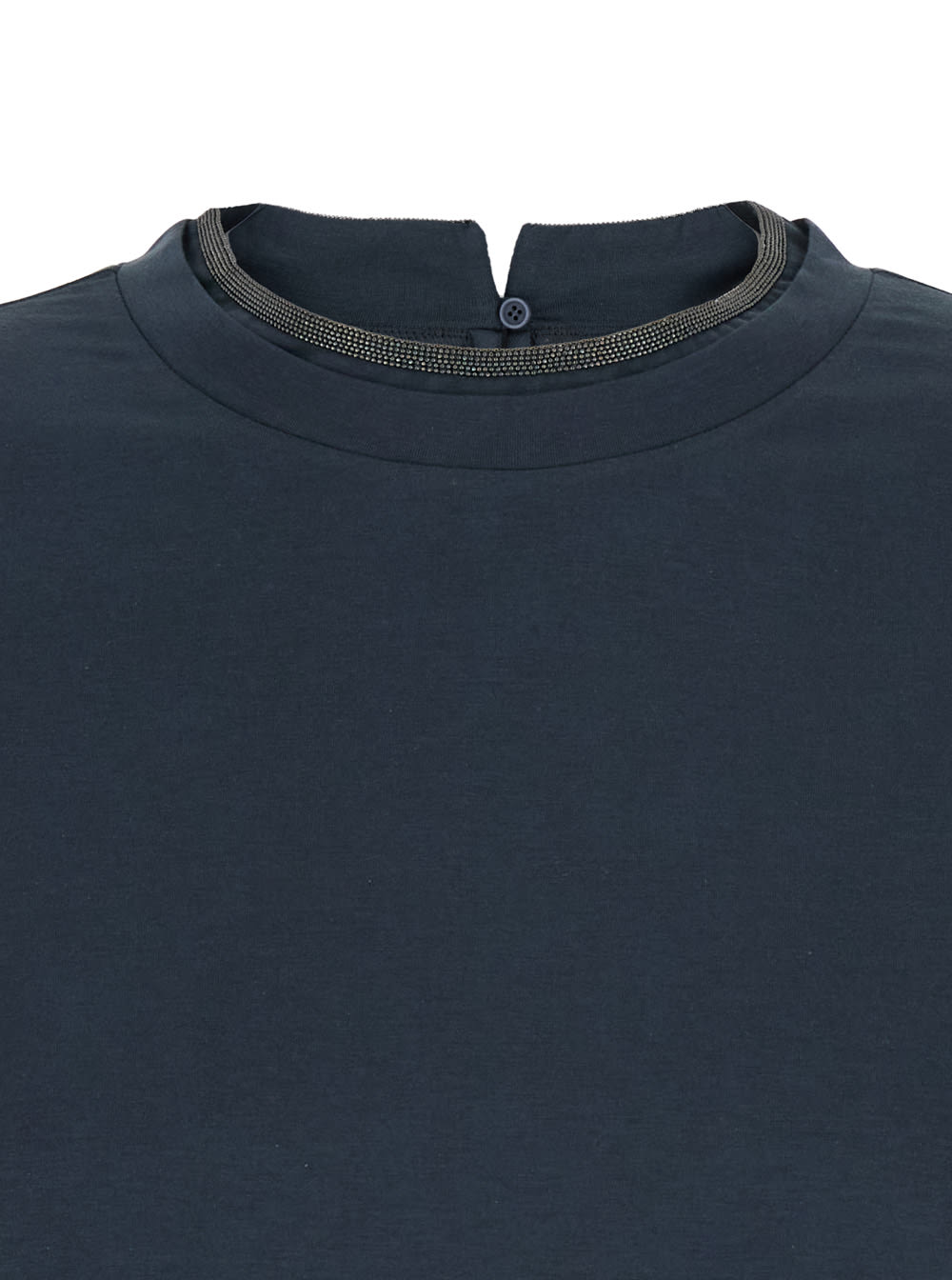 Brunello Cucinelli Blue Crewneck T-shirt With Monil Detail On The Collar And Rear Cut-out In Cotton Stretch Woman In Blue