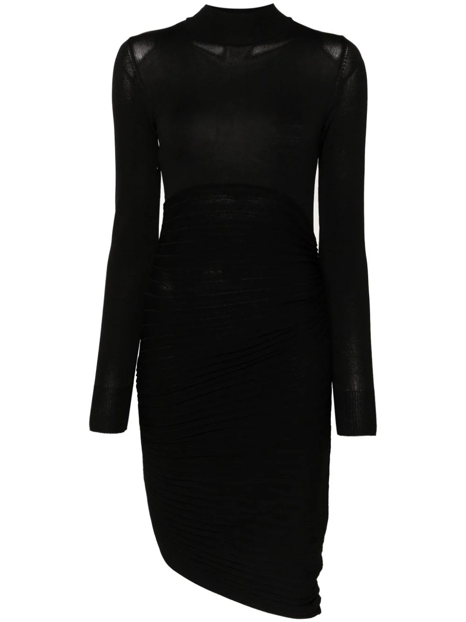 Black Plissé-effect Fine-knit Dress