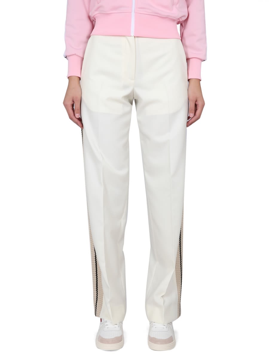 Palm Angels Wide Leg Wool Trousers With Side Stripe In White
